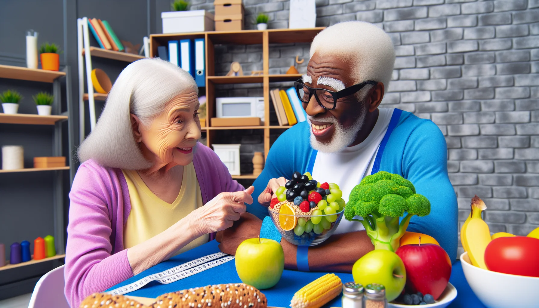 Create a humorous and realistic image focusing on high-fiber foods for children. To set a context, imagine an unusual situation where an old lady, perhaps a Caucasian grandmother, and an old man, a Black grandfather, are having a humorous misunderstanding about their dietary needs, emphasizing the benefits of eating healthy. Let the setting be vibrant and engaging to make it appealing to kids.
