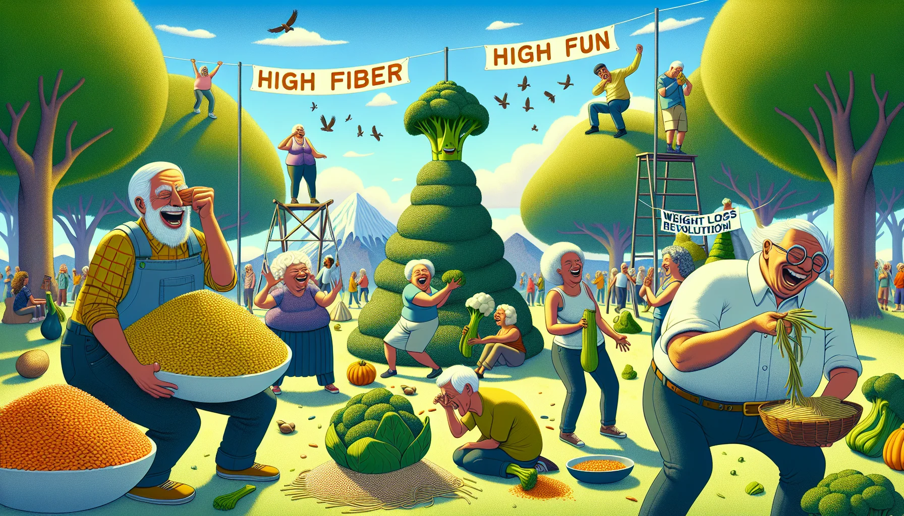 Imagine a comedic scene in a lush park where a group of elderlies, diverse in gender and ethnicities, are gathered for a 'Fiber-rich Food Festival'. There's a Caucasian male setting up a banner saying 'High Fiber, High Fun', an Hispanic female laughing while balancing broccoli on her nose, and a Black male struggling with an odd-shaped butternut squash. A nearby artwork stands, embodying foods high in fiber: An amusing high mountain of lentils, surrounded by a river of whole-grain pasta, with trees made of artichokes. The sky is blue, with a banner towed by birds, reading 'Weight Loss Revolution'.