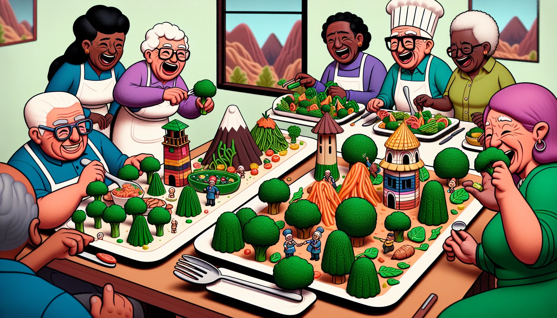 Imagine a hilarious scene in a senior citizen's club. There's a buzzing competition of 'creative food plating' happening. In it, animated elderly individuals of various descents such as Hispanic, Middle-Eastern and Black, are engaged in presenting their high-fiber, low-carb meals. A Caucasian man is carefully arranging broccoli trees in a landscape, where lean chicken mountains stand tall. A South Asian woman giggles as she sculpts a spinach fort protected by zucchini soldiers. Meanwhile, a black woman chuckles wholeheartedly displaying her colorful salad fashioned as a vintage hat. This lively encounter accentuates the fun and creative side of maintaining a healthy diet.