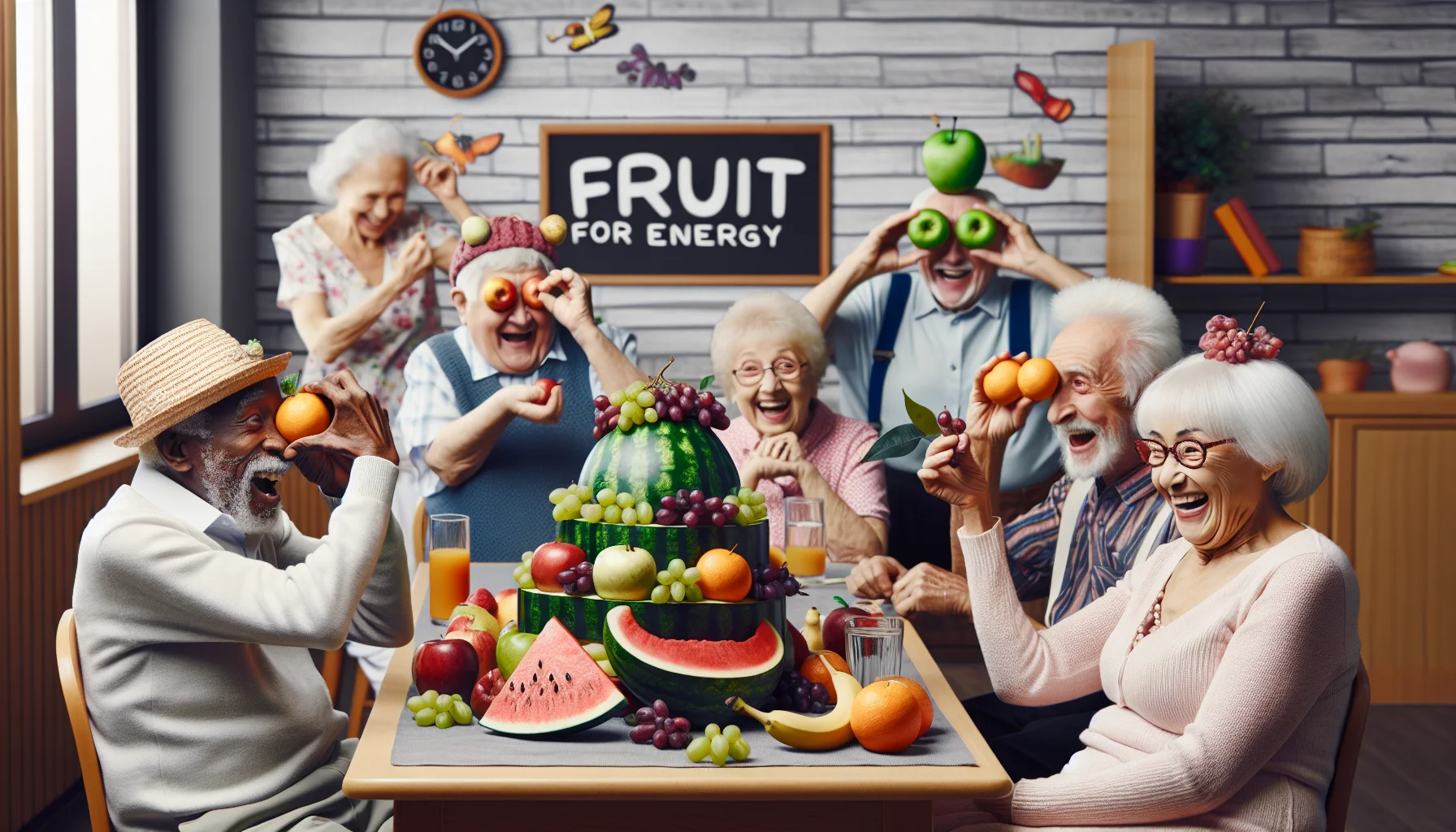 Imagine a humorous setting in retirement home cafeteria. A diverse group of elderly people are seated around a table filled with nutritious fruits. An African senior man is playfully trying to juggle apple, pear, and orange, while an Asian senior woman peers through a hollowed-out watermelon like a pair of binoculars. A White elderly lady is wearing a hat embellished with grapes and a banana as the crown, chuckling at the scene. In the corner, a Middle Eastern man and a Hispanic woman are laughing as they build an elaborate tower from various fruit. Sign that says 'Fruit for Energy' hangs comically tilted on the wall.