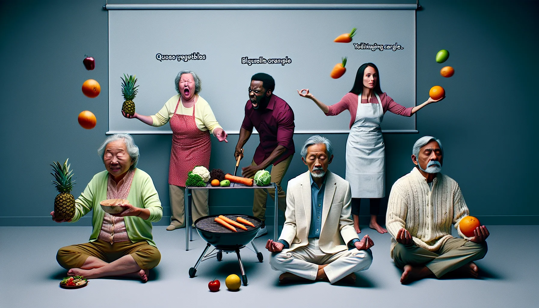 Visualize a humorous scene in a realistic setting where elderly individuals from different descents -- an East Asian woman, a Black man, a Caucasian lady, and a South Asian gentleman -- are engaged in peculiar situations around the theme of diet and healthy eating. The East Asian woman might be queuing raw vegetables on a BBQ, the Black man could be attempting to blend a whole pineapple, the Caucasian lady might be juggling oranges, and the South Asian man could be meditating with carrots levitating around him.