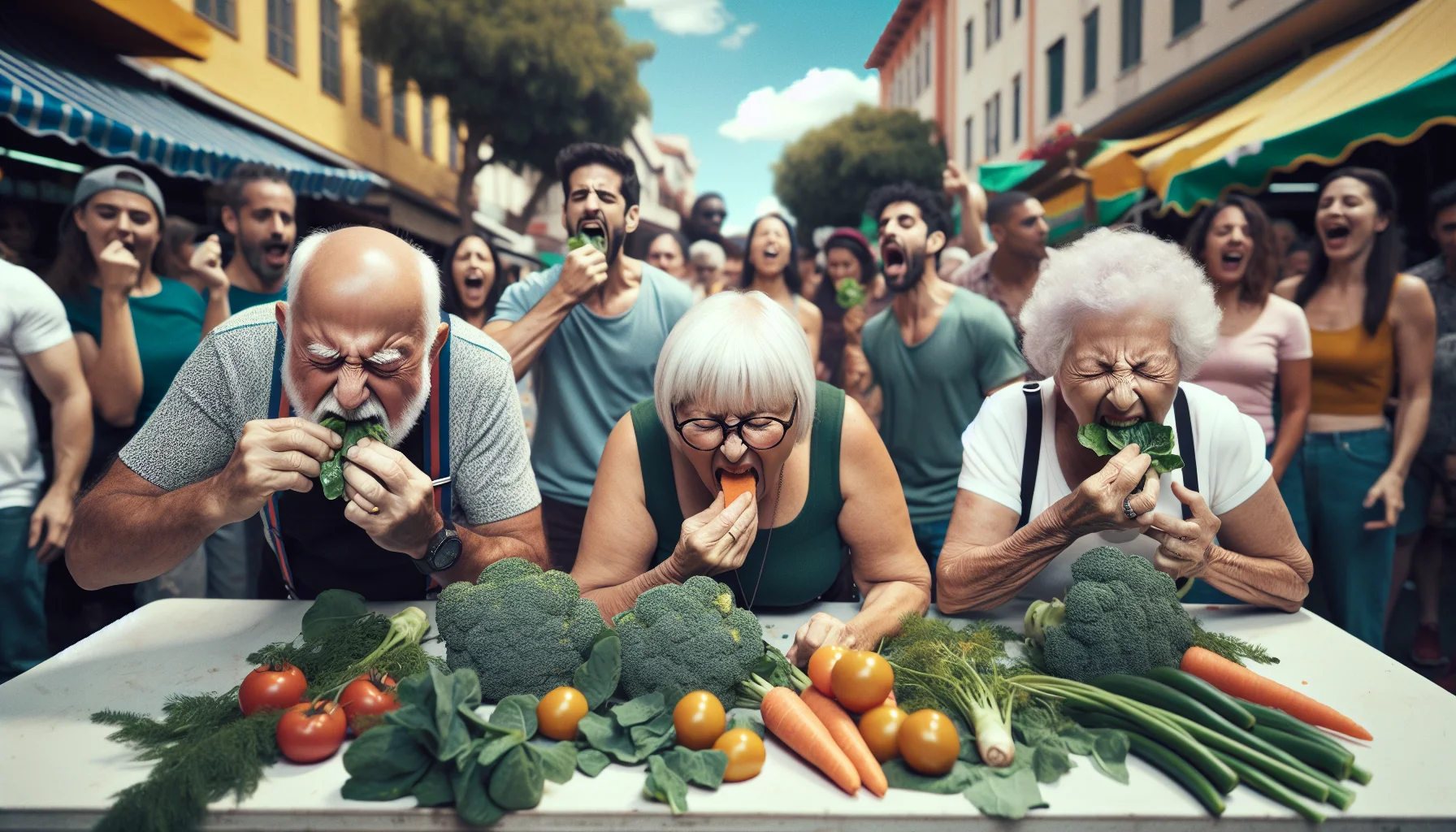 Generate a humorous, realistic image depicting an everyday scene at a vibrant farmer's market. In this scene, include three elderly individuals of diverse descents - a Hispanic man, a Middle-Eastern woman, and a Caucasian woman, all displaying signs of functional age. They are seen contesting in a friendly vegetable eating competition, surrounded by an assortment of fruits and vegetables signifying a healthy diet. Their expressions are of determination and hilarity mix, as they munch on large, leafy stalks of broccoli, carrots and tomatoes, with spectators around them roaring in laughter.
