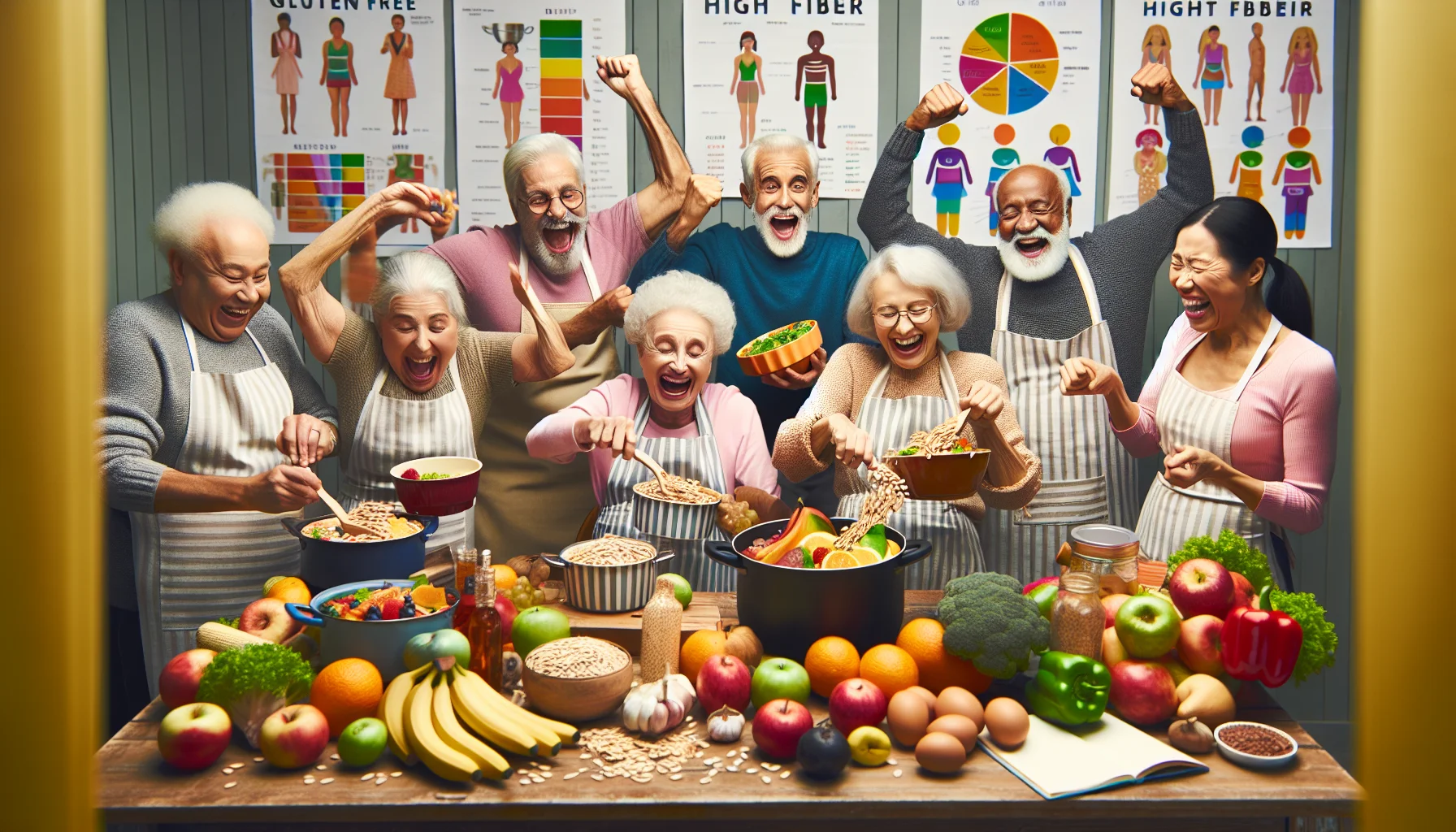 Create a humorous yet realistic scenario featuring a variety of gluten-free and high fiber foods. Imagine that there is a group of elderly friends, with each person from a different descent - perhaps one Caucasian man, one Hispanic woman, one Black man, one Middle-Eastern woman, one South Asian man, and one East Asian woman, all engaged in a lighthearted cooking contest. Each individual is enthusiastically preparing a dish, using a variety of vibrant-colored fruits and vegetables. The high fiber foods, piles of them around, are somehow stubbornly refusing to fit into cooking pots, leading to much laughter and fun. Surrounding them, colorful health and diet charts adorn the walls, adding to the health-focused atmosphere.