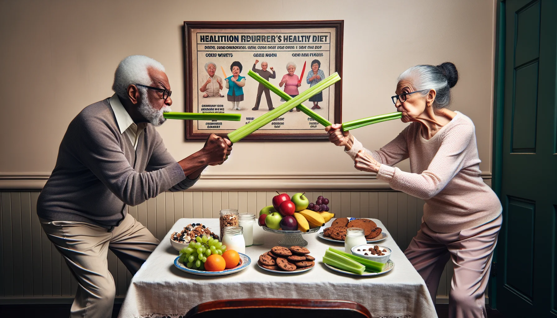 Humorous portrayal of an afternoon snack setting involving senior citizens. One elderly man of Black descent and one elderly woman of Hispanic descent, both with determined expressions, are engaged in a playful celery stick dual, posing like sword fighters. They are surrounded by a table filled with traditional healthy snacks such as fruits, yogurt, and granola. On one side, a platter of mouth-watering cookies and sweets is ignored. On the wall, there's a visibly ignored poster emphasizing the importance of a healthy diet. The scene blends realism with comedy while also presenting a motivational picture of healthy eating in old age.