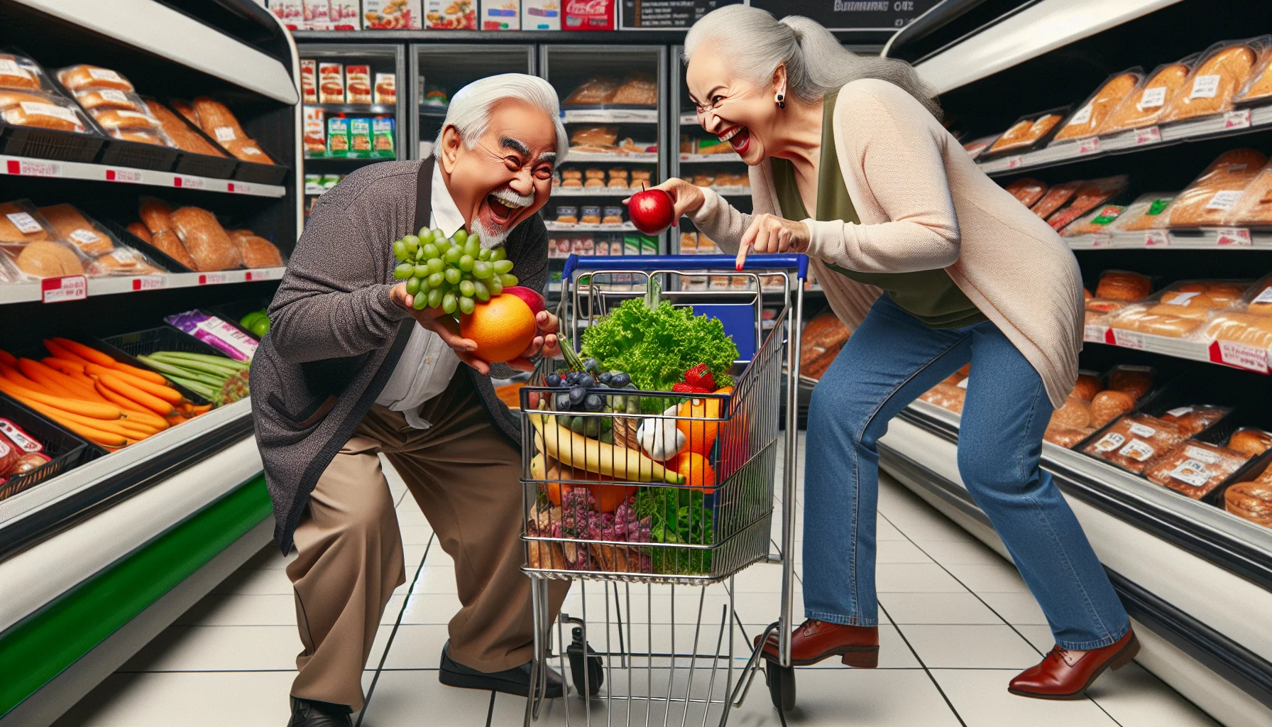 Create a humorous yet realistic image of an elderly South Asian man and an elderly Caucasian woman partaking in a humorous situation in a grocery store. The elderly man is seen juggling fresh fruits and vegetables in the produce section, while the woman mischievously swaps her friend's shopping cart filled with pastries and junk food with one filled with leafy greens and whole grain products. They are both portrayed laughing, emphasizing the funny situation and promoting healthy eating habits among seniors.