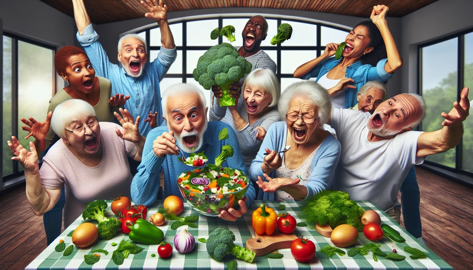 Create a humorous, realistic image of a scene at a healthy aging center. The center is filled with happily aged individuals from different descents - Caucasian, Hispanic, Black, Middle-Eastern, and South Asian. They all are engrossed in a playful challenge of preparing the most colorful, nutrient-rich salad. An elderly Black woman is triumphantly holding up a vibrant bowl of greens, while a Caucasian man pretends to faint dramatically at the sight of broccoli. A Middle-Eastern woman and a South Asian man are sharing a laugh as they try to balance precariously stacked vegetables. Each person showcasing their unique sense of fun and culinary skills in the pursuit of health and longevity.