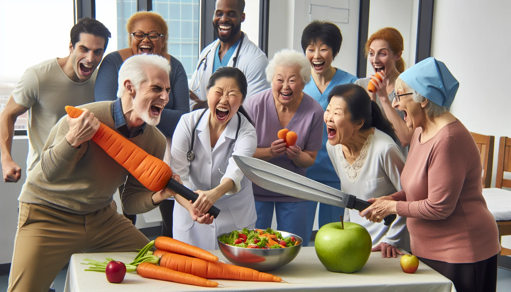 Generate a humorous yet realistic image featuring a lively scene at a medical center specialized in healthy aging. Envision a diverse group of elated elderly people. An Asian man is engaged in a playful 'carrot sword' duel with a Hispanic woman, both holding giant, crisp carrots. They are surrounded by amused peers; a Middle Eastern lady savoring a bowl of vibrant, crunchy salads and a Caucasian gentleman guffawing boisterously while putting a large, shiny apple to his mouth, mimicking a microphone. Staff members, both male and female of varying descents, stand by with delightful expressions on their faces at this spontaneous display of diet-conscious fun.