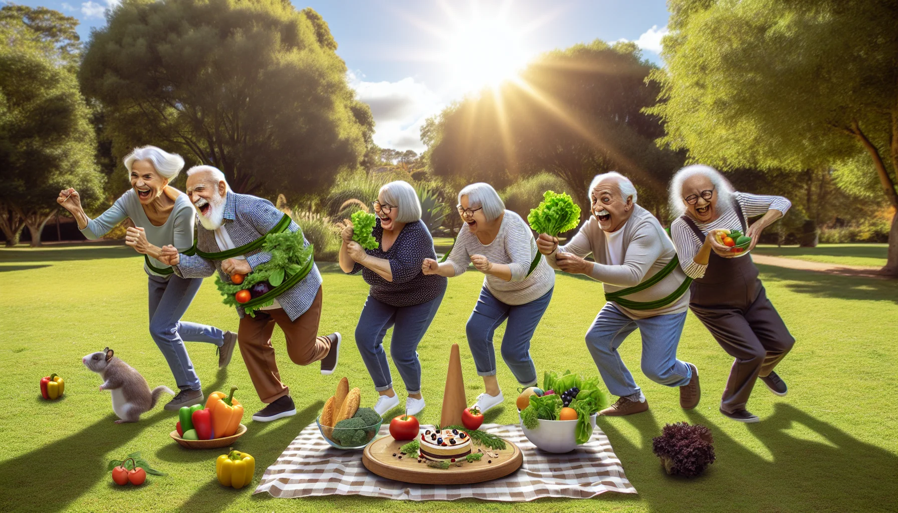 For showcasing Healthy Aging Month, design a humorous, true-to-life scene set in a sunny park. Show a group of elderly individuals from a variety of descents like Hispanic, Caucasian, Black, Middle-Eastern and South Asian, engaged in different funny scenarios all related to diets and healthy eating. One person can be fastidiously measuring lettuce leaves for a salad, another might be chasing after a vegetable that has rolled away, while another might be mischievously trying to hide a cake behind their back. All are laughing and thoroughly enjoying their time outdoors, reflecting the joys of healthy aging.