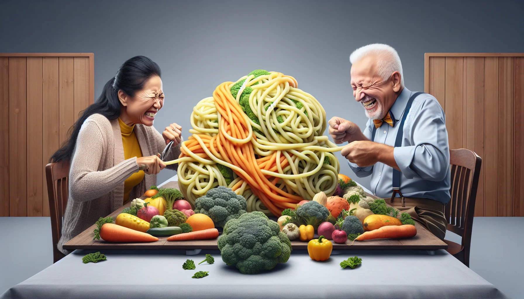 Create a light-hearted, realistic depiction of three elderly individuals having a unique dining experience that puts a humorous spin on the concept of eating healthy. The first, a South Asian woman, trying to untangle a confused mass of spaghetti squash, looking both bemused and determined. Sitting opposite her is an elderly Hispanic man, chuckling as he wrestles with an oversized, misshapen carrot. At the end of their table, a Caucasian gentleman is laughing heartily while examining a giant broccoli as if it were a magnifying glass. Their table is laden with other fresh, colorful produce, a symbol of their commitment to a heart-healthy and diabetic-friendly diet.