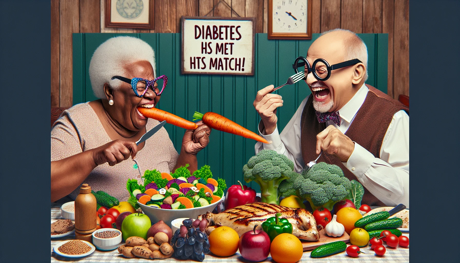 Create a humorous and realistic pictorial representation of a heart-healthy diabetic diet. In this image, two elderly individuals, a Black woman and a Caucasian man, sit at a table overflowing with colorful fruits, vegetables, grilled chicken, and whole grains. The woman wields a large carrots like a magic wand, attempting to enchant her chunky salad, while the man humorously uses broccoli florets as makeshift eyeglasses. Both of them are laughing heartily, clearly enjoying their quirky mealtime antics. A sign in the background reads, 'Diabetes has met its match!'. The scene underlines the importance of a proper diet in the most comical way.