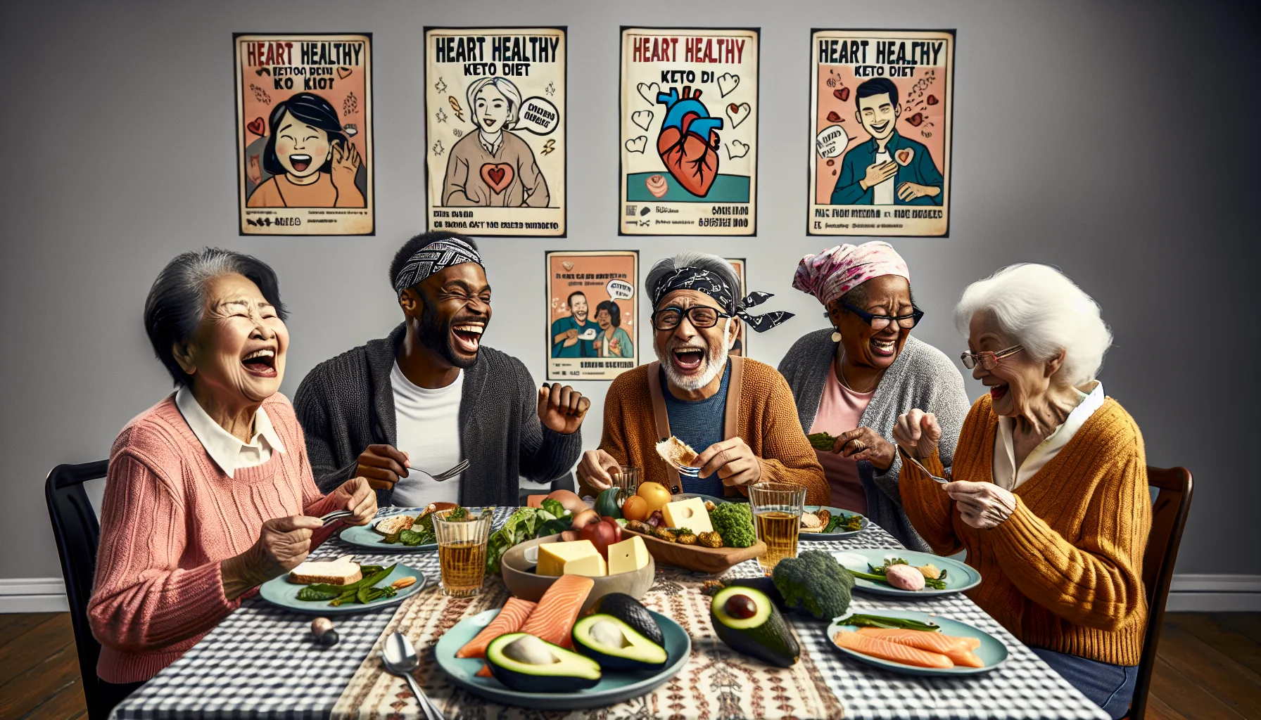 Generate a humorous, realistic scene where a group of diverse elderly individuals are engaged with a heart healthy keto diet. Picture a South Asian woman, a Black man, a Caucasian man, and a Middle-Eastern woman gathered around a table, laughing and enjoying their keto food. The table is laden with various keto-friendly dishes like avocados, salmon, lean meats, green vegetables, and cheeses. A poster in the background humorously promotes the benefits of the diet, with puns and funny illustrations about heart health and nutrition. Their expressions are animated, showcasing the fun and enjoyment they're having while adhering to a healthy diet.