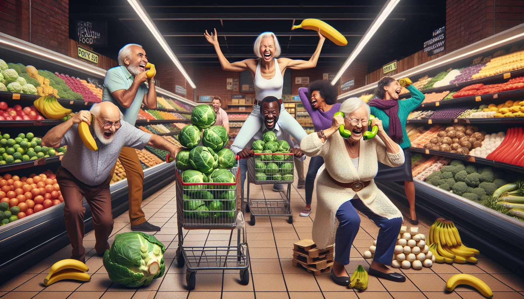 Generate a humorous, hyper-realistic scene set at a heart-healthy food market. Picture a diverse group of lively elderly individuals participating in playful antics. There's a Caucasian woman joyfully comparing two giant brussel sprouts as if they're weights, a South Asian man frantically chasing a rogue zucchini wheeling down an aisle, and a Black woman laughing heartily while attempting to balance a pyramid of tofu packs. Add in a Middle-Eastern old man using bananas as a pretend telephone, attracting several amused glances. The scene is rich with vibrant colors of fruits, veggies, and other health foods highlighting the joy in maintaining a healthy diet in old age.