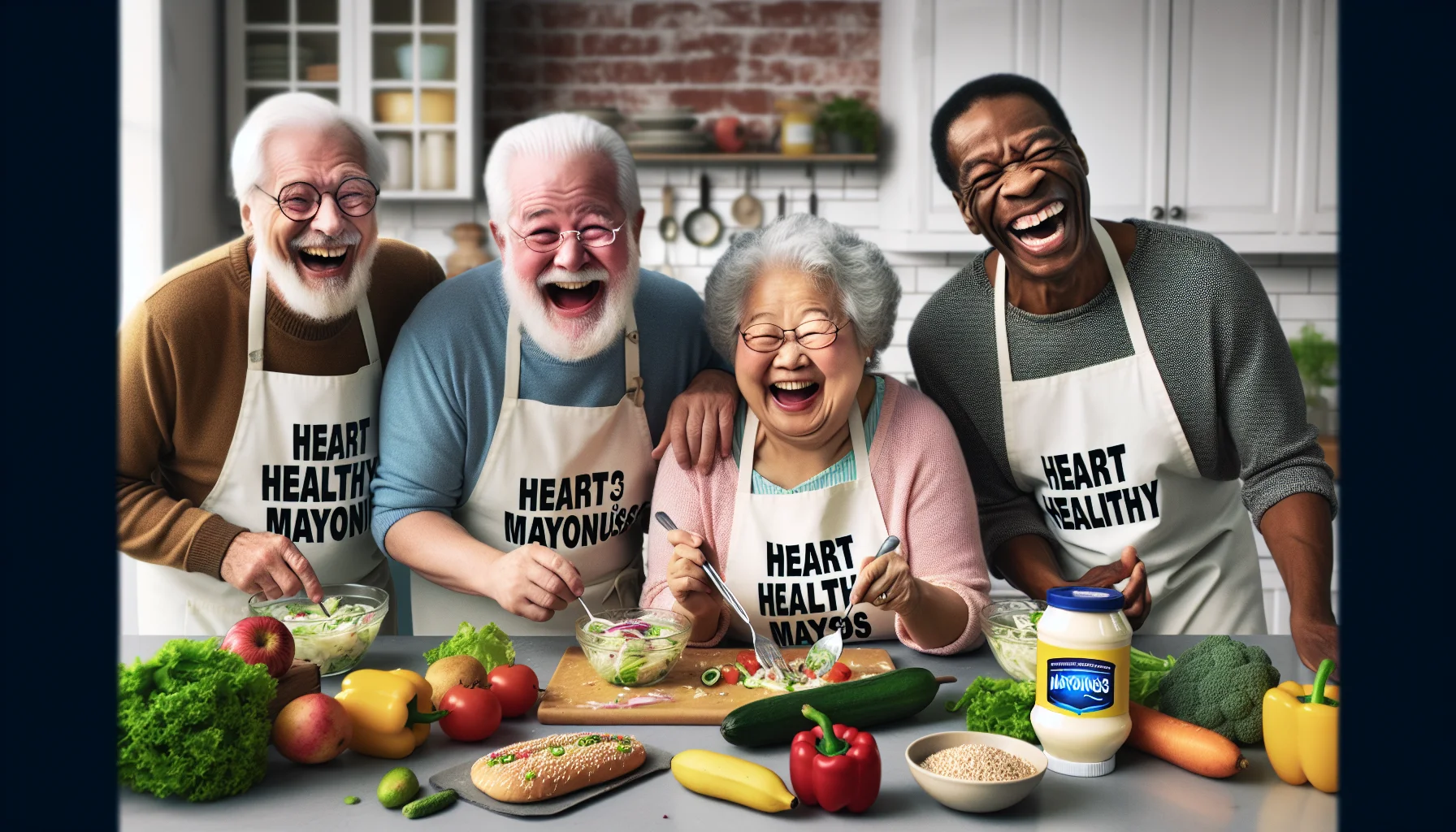 Create a humorous and realistic image of a lively, aged cooking club. It consists of four seniors: a lively Caucasian man, a jolly Hispanic woman, a cheerful Asian lady, and a humorous Black gentleman. They are all cooking together using 'Heart Healthy Mayonnaise.' The scene depicts them laughing and jesting as they try to create heart-friendly recipes. The counter is swamped with colorful vegetables, whole grains, and sparingly used heart healthy mayo. They are all donning aprons with funny slogans related to diets, aging, and eating healthy, bringing a light-hearted approach to their healthful cooking endeavor.