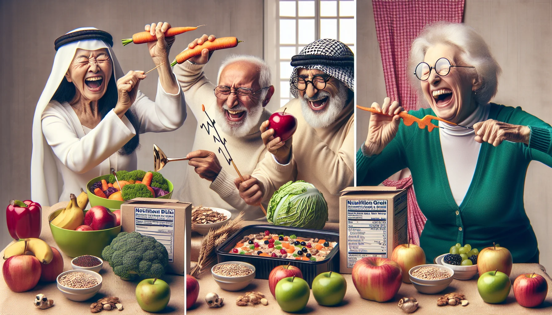 In a humorous setting, picture a table set with heart-healthy meal kits, which include elements like colorful varieties of fruits, veggies, lean proteins, and whole grains. Close by, there are three elderly persons engaged in varied amusing activities related to diet and healthy eating: A Middle-Eastern woman, laughing and playfully brandishing a carrot stick as if it's a conductor's baton; an Asian man, wearing his reading glasses low on the nose, squinting to read the nutritional information on a whole grain cereal box; and a Caucasian lady, merrily stuffing a whole apple in her mouth, eyes twinkling with mischief.