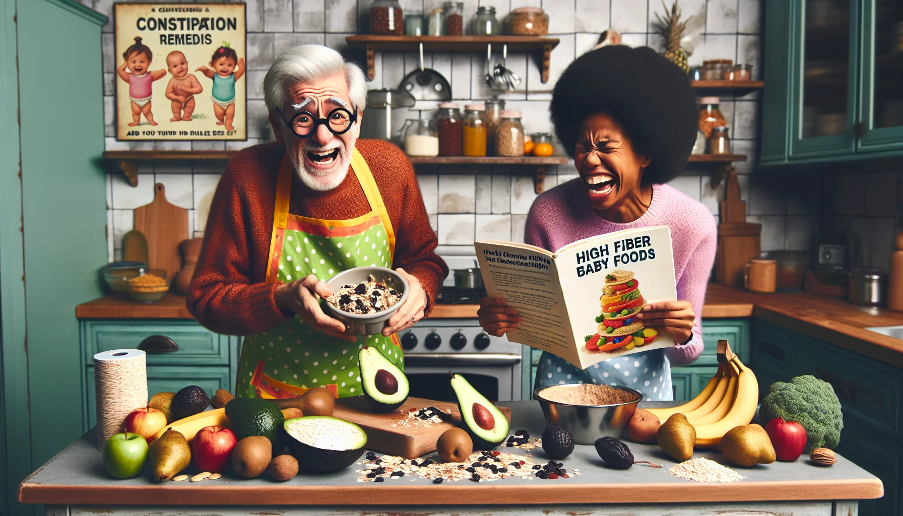 Imagine a comical scene in a quaint, homely kitchen where an elderly Caucasian man and an African-American woman are trying to prepare high fiber baby foods. The man, in bright-colored apron and glasses, is struggling to read a recipe book about constipation remedies for small kids, showing a page full of fruits, vegetables, and cereals. The woman is laughing at his confused expression while attempting to blend a spread of avocado, bananas, and oats. Surrounding them are also prunes, pears, peas, brown rice, and whole wheat pasta. Let's also include a funny poster in the kitchen about the importance of diets and eating healthy.