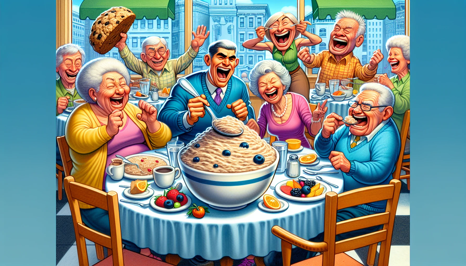 Illustrate a humorous, realistic scenario involving high fiber breakfast foods and elderly individuals. Picture this: a lively scene in a vibrant breakfast spot where a group of jovial seniors are merrily dining. They are passionately engaged in animated discussions about their dietary habits and healthy eating. In the middle of the table is an exaggeratedly large bowl of oatmeal, topped with fresh fruits and a giant spoon sticking out, attracting a few raised eyebrows and shared laughs. A lively, elderly Hispanic woman is eagerly lecturing about the benefits of fiber, while a quirky, elderly Caucasian man trying to take a bite of a humorous oversized bran muffin, is causing everyone to erupt in laughter.