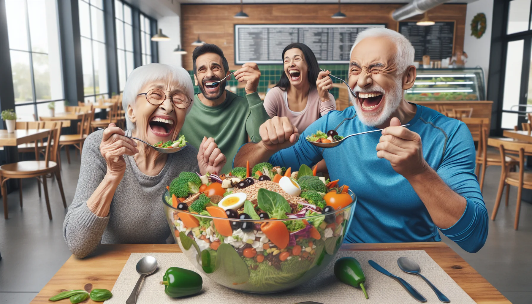 Create a humorous and realistic image of a lively elderly Hispanic woman and a senior Caucasian man, both in sporty attire and are obviously enjoying their time in a brightly lit cafe. They are laughing out loud while sharing a significantly oversized bowl of salad greens, vegetables, and whole grains that is so big it barely fits on the table. Detailed amusing elements such as the man trying to use a giant spoon and the woman holding an enormous fork, as well as their surprised expressions at the serving size. All around them are visibly health-conscious diners of varying ages and ethnicities, who are smiling at the amusing spectacle.