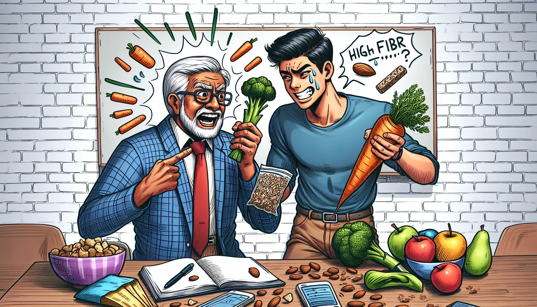 Draw a lighthearted and amusing picture featuring high fiber foods and snacks. Focus on a scene happening in a lively, multi-generational gathering where a South Asian grandfather is attempting to persuade a rebellious Caucasian teenager about the benefits of high fiber diets. The older man should be joyfully holding a bunch of carrots and broccoli, while the young man amusingly tries to hide a packet of chips behind his back. Add some details like a fruit bowl on the table, high fiber snacks like granola bars and almonds scattered, symbolizing the humor in advocating healthy eating habits.