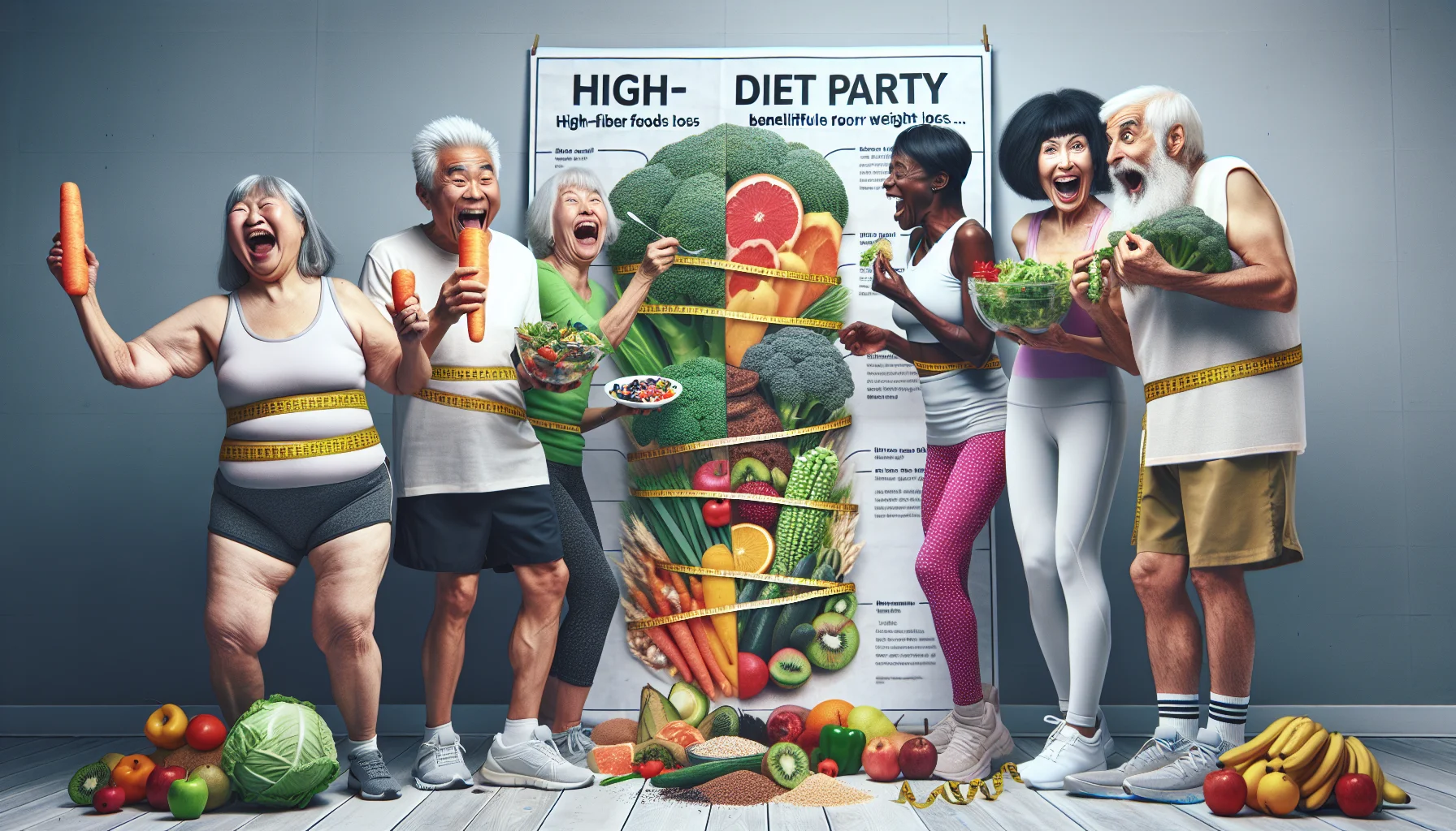 An amusing and realistic image of an elderly group indulging in a diet party. A tall chart on the side elaborates on high-fiber foods beneficial for weight loss, with colourful diagrams of fruits, vegetables and grains. The group consists of an Asian woman merrily munching on a carrot, a Middle Eastern man laughing out loud while holding a bowl of salad, a Black woman showing off a giant fruit salad, and a Caucasian man looking comically horrified at a large plate of broccoli. Everyone is clad in workout attire, reflecting the healthy and energetic theme of the image.
