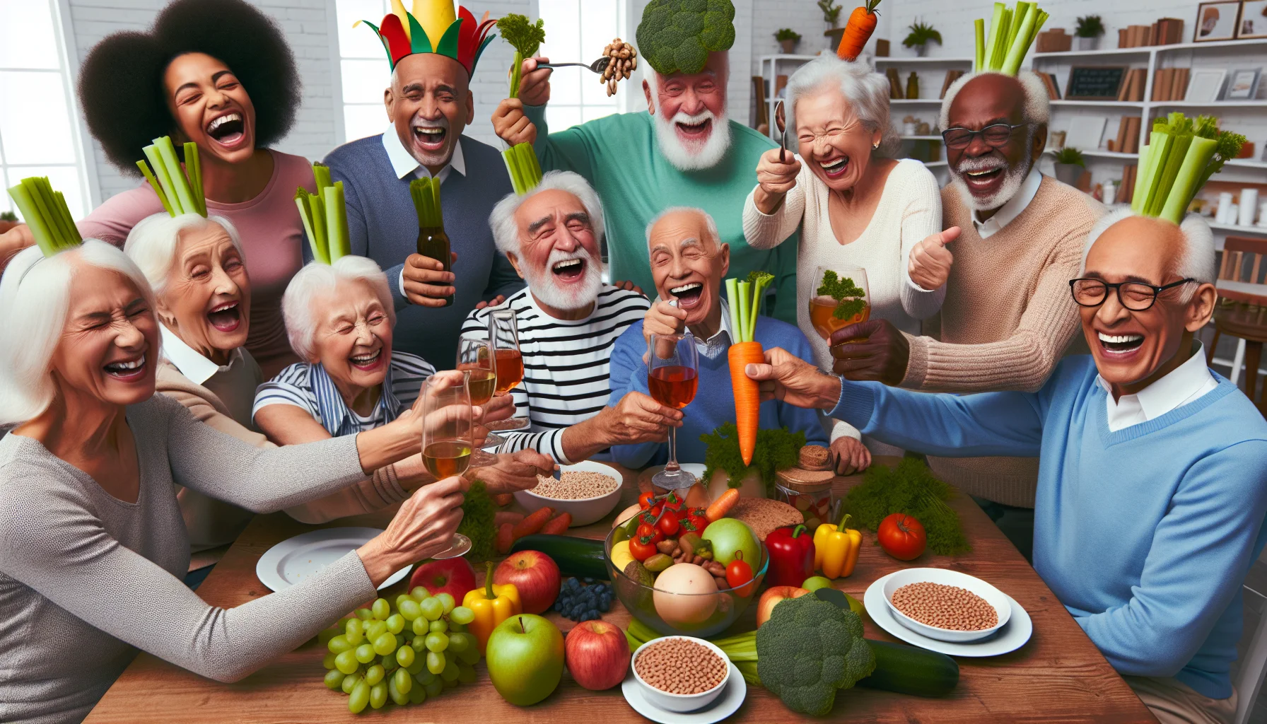 Generate a humorous and realistic image of various high fiber foods, which are significantly beneficial for individuals living with diabetes. These foods could be fruits, whole grains, or legumes. Set the scene in a lively senior citizen club where a diverse group of jovial elderly people are laughing, conversing, and partaking in a shared healthy meal. These individuals include Black, Hispanic, Caucasian, and Asian men and women. Have them holding oversized forks and spoons, playfully toasting with celeries or carrot sticks, and appreciating the healthy dietary choices they've made. Feel free to include humorous elements such as exaggerated smiles, laugh lines, and food-themed hats.