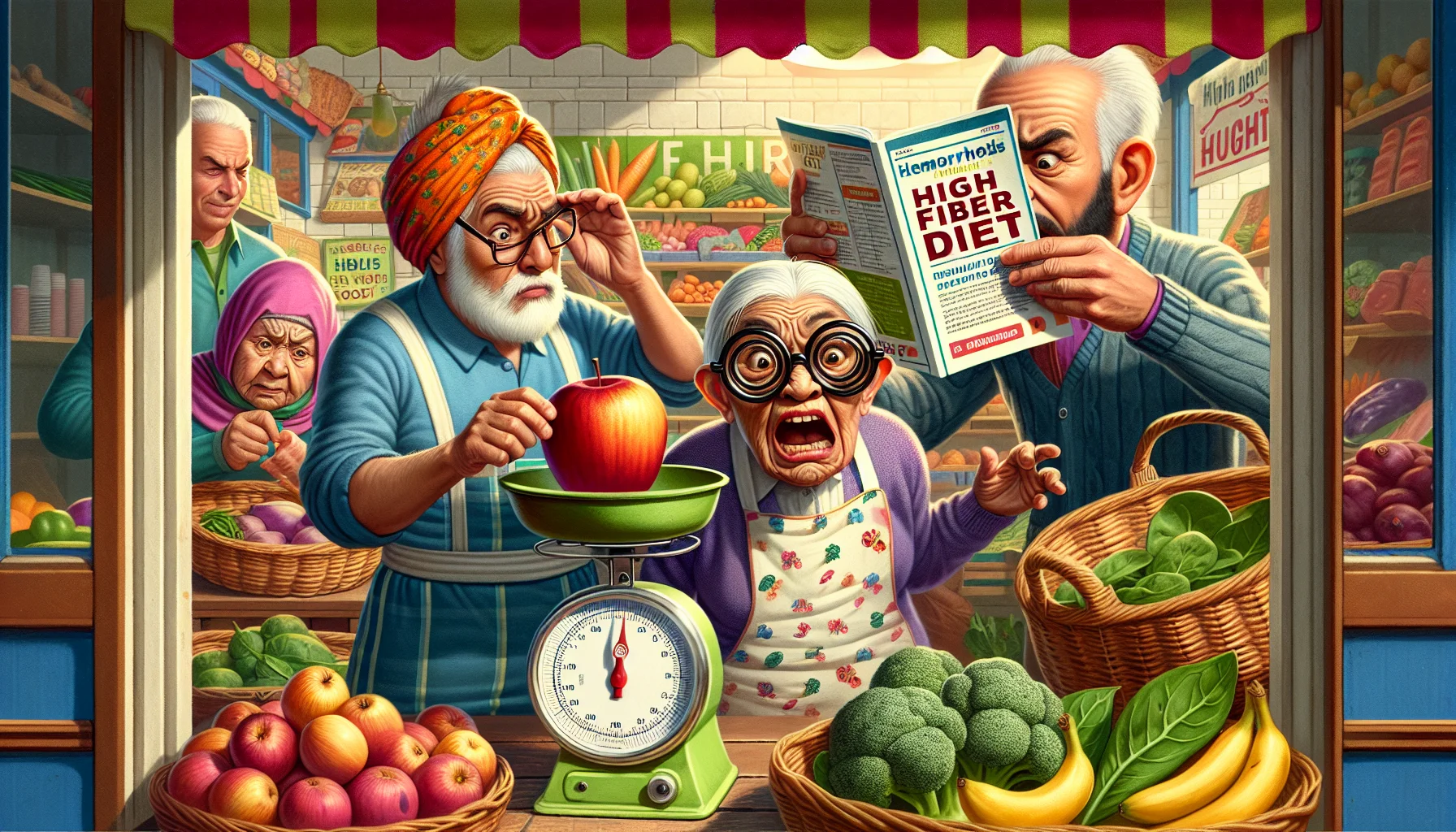 Create a humorous yet realistic scene centered around high fiber foods beneficial for hemorrhoids. Imagine an elderly Caucasian man meticulously weighing an apple on a vintage scale at a colorful fruit market stand, while an elderly Middle-Eastern woman, with a surprised look on her face, is reading a nutrition guide titled 'High Fiber Diet' which just flew open due to a sudden gust of wind. Meanwhile, a South Asian elderly person is trying out a pair of comically oversized glasses while scrutinizing a plate of spinach, broccoli and other green vegetables. The scene suggests a humorous take on the diet adjustments older people make for health reasons.