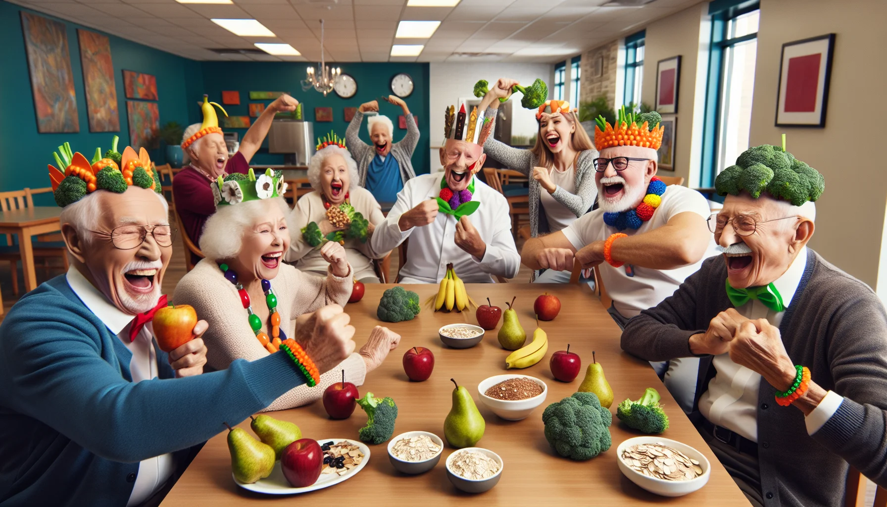Imagine a humorous scene unfolding in a brightly lit retirement home cafeteria. Picture a group of elderly individuals with mix of descent such as Caucasian, Hispanic and Middle-Eastern joyously engaged in a two-fold challenge. First, they're enjoying a playful food fight with colorful, rich in fiber foods like broccoli, oatmeal, and pears. Second, they're competing in a hilarious skit mimicking a fashion show, with eccentric accessories made from these healthy foods - broccoli crowns, pear necklaces, and oatmeal bracelets. Integrated humorous elements such as comical expressions and playful banter, with the backdrop underscoring the importance of high-fiber diet for health.