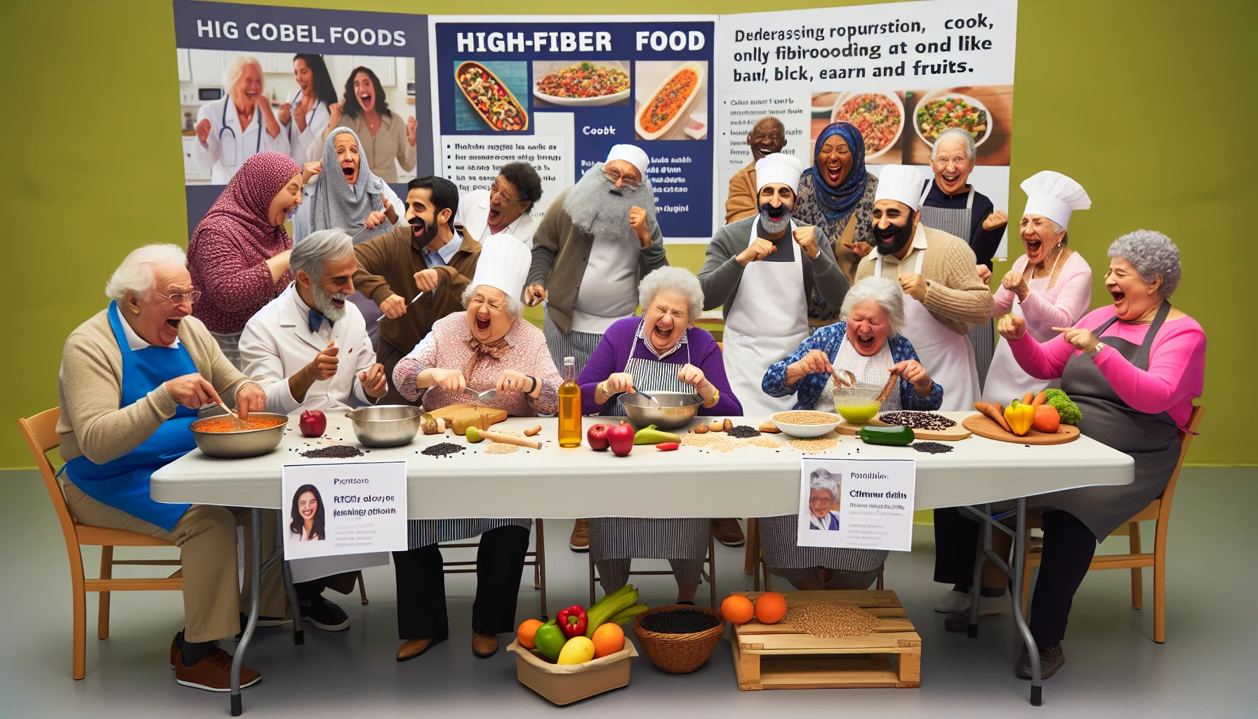 Create a humorous yet authentic representation involving aged individuals and dietary habits. Portray a lively scene at a community center, where you can see a group of elderly people of Caucasian, Hispanic, Black, Middle-Eastern and South Asian descent participating in a 'high-fiber food' cook-off. Some of the participants are trying to cook using only fibrous foods like beans, whole grains, and fruits. Others are humorously struggling, trying to chop the vegetables or figure out the recipe. Location decorations include banners promoting healthy eating and posters giving information about diet management for PCOS.