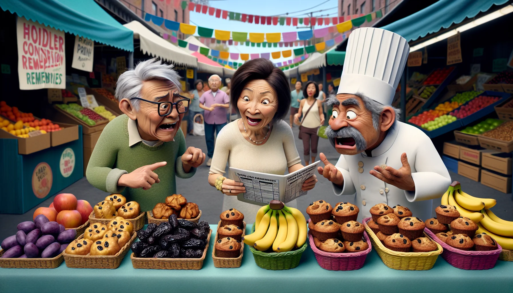 Craft a humorous and realistic scene taking place in a bustling farmers' market. The main focus should be on a variety of high-fiber foods ideal for toddlers, like bananas, prunes, and whole grain foods, displayed attractively in colorful baskets. Show an enthusiastic, elderly Asian woman animatedly explaining the benefits of these foods to a perplexed Middle-Eastern grandfather, who is holding a list named 'Toddler Constipation Remedies'. Nearby, an elderly Caucasian man, complete with a chef's hat, is seen taking a comedic tasting of an oversized bran muffin, much to the amusement of onlookers.