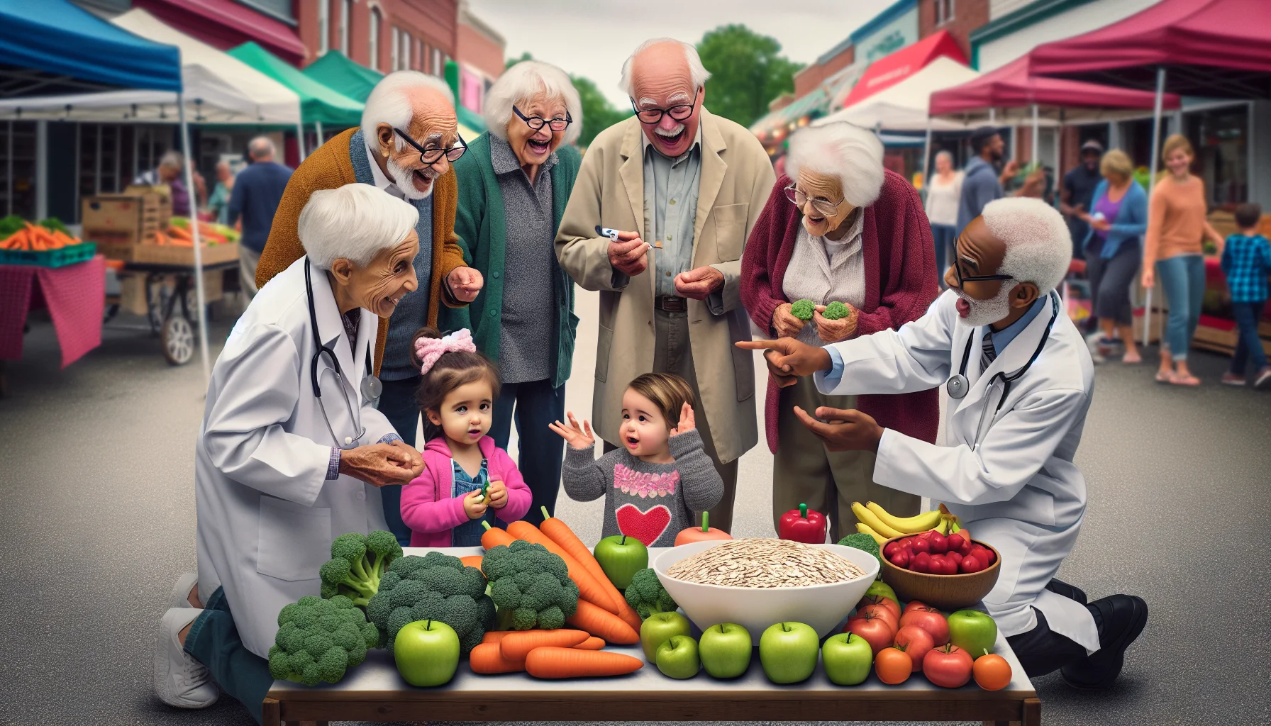 Design a humorous realistic image featuring high fiber foods for young kids. Imagine this scenario playing out at a bustling local farmer's market with colorful food stalls. A group of jovial elderly folks, of diverse descents such as Caucasian, Asian, and African, are engaging with the toddlers playfully. They are involved in a light-hearted scene of 'pretend' diet consultation, with the little ones earnestly giving advice about healthy eating. Toddlers of various descents - including Hispanic, Middle-Eastern, and White - armed with vegetables and fruits like broccoli, apples, and oats, are acting as dietitians, complete with miniature white coats and wellness charts.