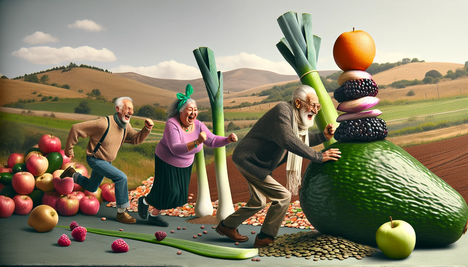 Create a humorous scene of ancient people partaking in a weight-loss journey, The scenery is saturated with high-fiber foods like avocados, lentils, and blackberries. There's an older Hispanic woman in a jovial mood, chasing after a giant leek that is rolling downhill. Another elderly man, who is Caucasian, is trying to balance a pyramid of apples on his head with a playful scowl. The older Black woman breaks into a fit of laughter as she zests an orange, and the zest takes the shape of a stylish hat. Amidst their weight loss pursuit, these elderlies display an endearing commitment to healthy eating.