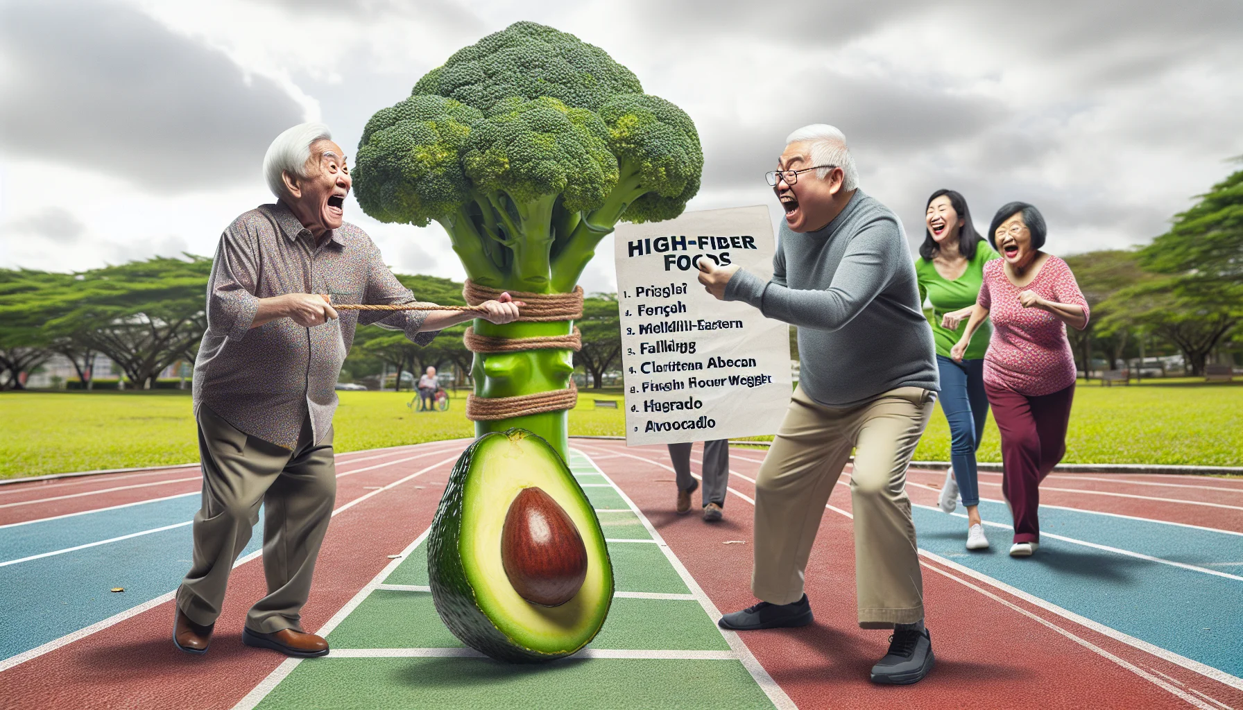 Create a humorous, realistic image that showcases a list of high-fiber foods for weight loss. The list is cleverly integrated into a humorous scene involving older adults. Perhaps show an elderly Caucasian man and a Middle-Eastern woman engaging in a friendly tug of war over a large piece of broccoli, while a South Asian woman is chasing a runaway avocado on a walking track. They are all in a park, laughing and clearly having a good time. Incorporate other high-fiber foods in the visual elements subtly. This is a playful take on dieting and healthy eating for older people.