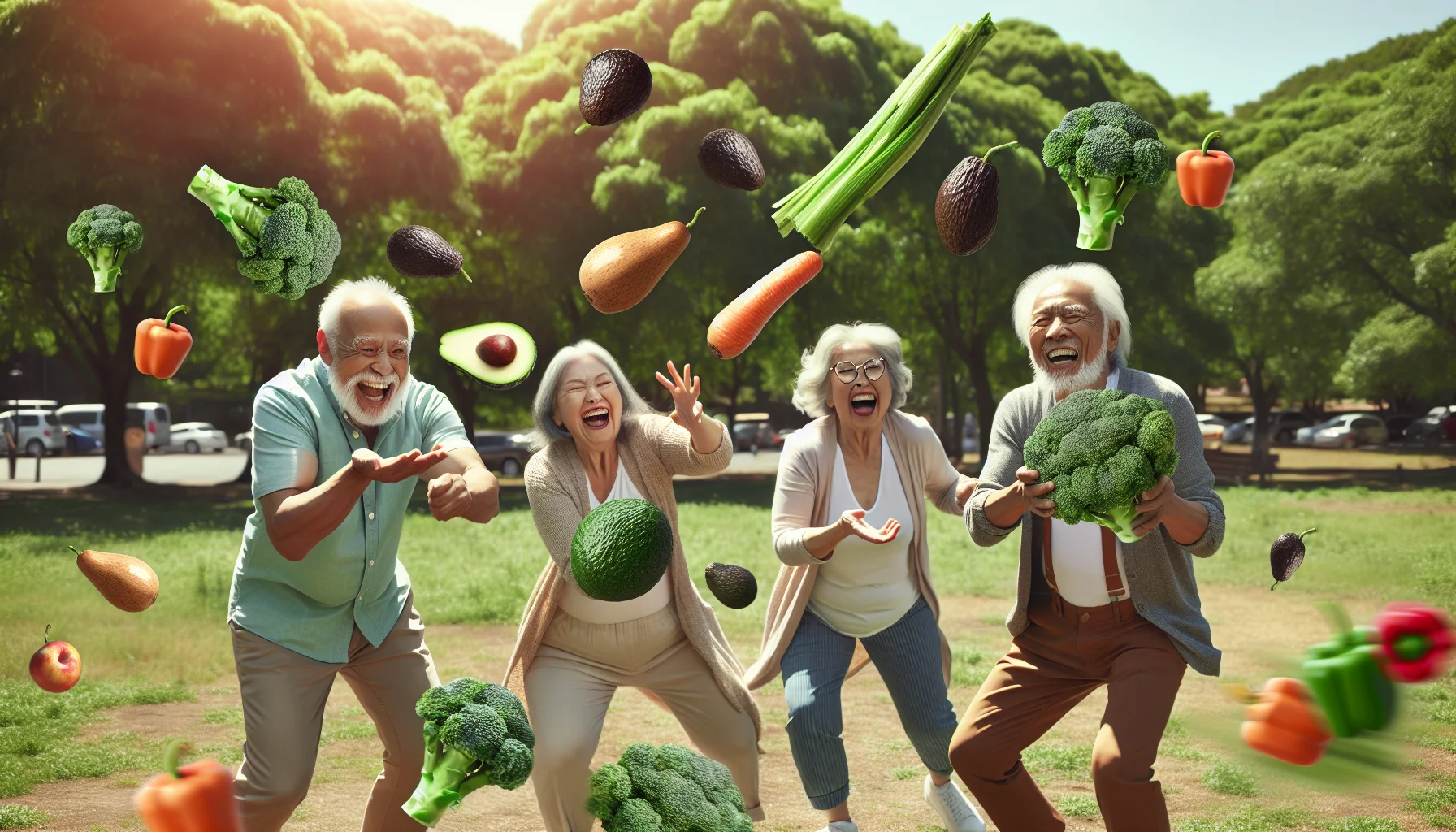 Generate an amusing, realistic scene showcasing various high-fiber, low-carb foods. Imagine a setting in a sunny park, where three, lively elderly individuals, a Caucasian man, an African-American woman, and a South-Asian gentleman are having a playful food fight. They are gently tossing broccoli, throwing avocados like they were baseballs and wearing celery stalks as decorative ornaments. The food is not only flying around, making the scene very humorous, but it also highlights the importance of healthy eating and diets. The laughter and joy in their faces is contagious, reminding us that healthy eating can be fun at any age.