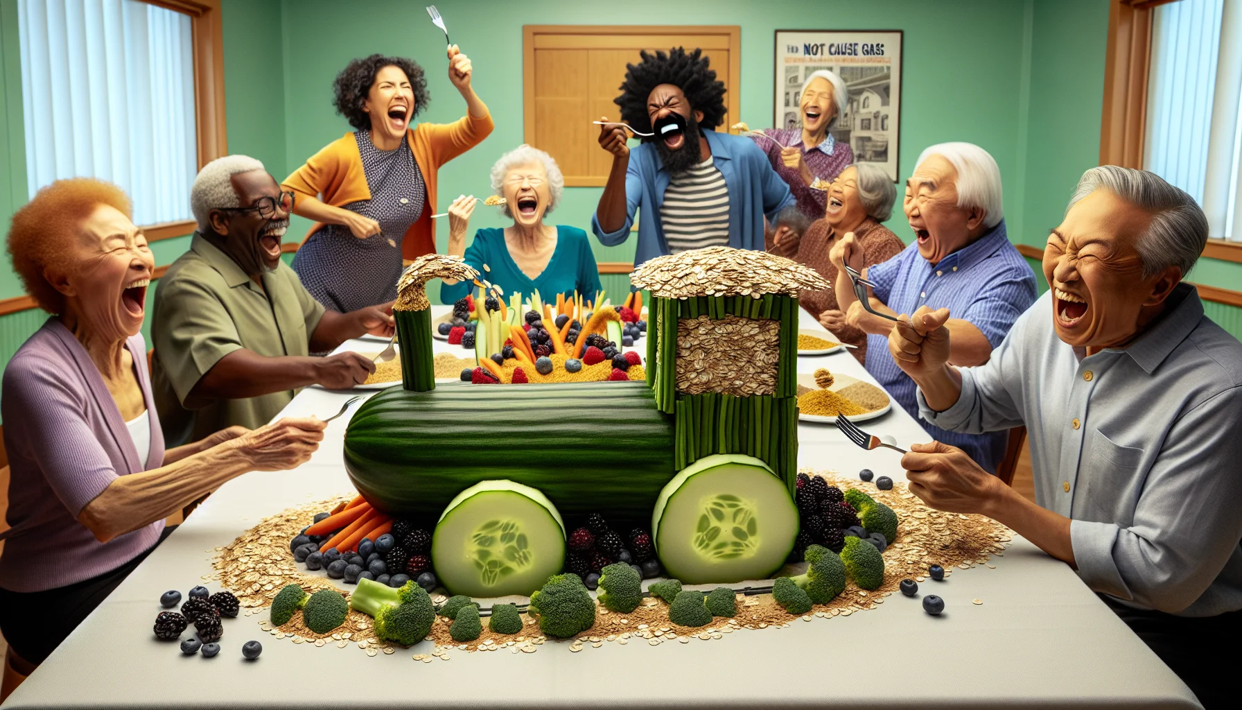 A humorous scene set in a lively senior citizens' center. The focus is a table filled with high fiber foods that do not cause gas, such as oats, berries, quinoa, and cucumber, artistically arranged in humorous shapes and designs – think a cucumber train loaded with oat 'passengers' or a quinoa 'castle' guarded by tiny broccoli trees. A group of jubilant seniors of diverse backgrounds, two Black females, one Middle-Eastern male, and an Asian male, are gathered around the table, laughing heartily and playfully fighting over the foods with extended fork 'jousts'. The entire scene feels light-hearted and lively, symbolic of the fun aspects of healthy eating.