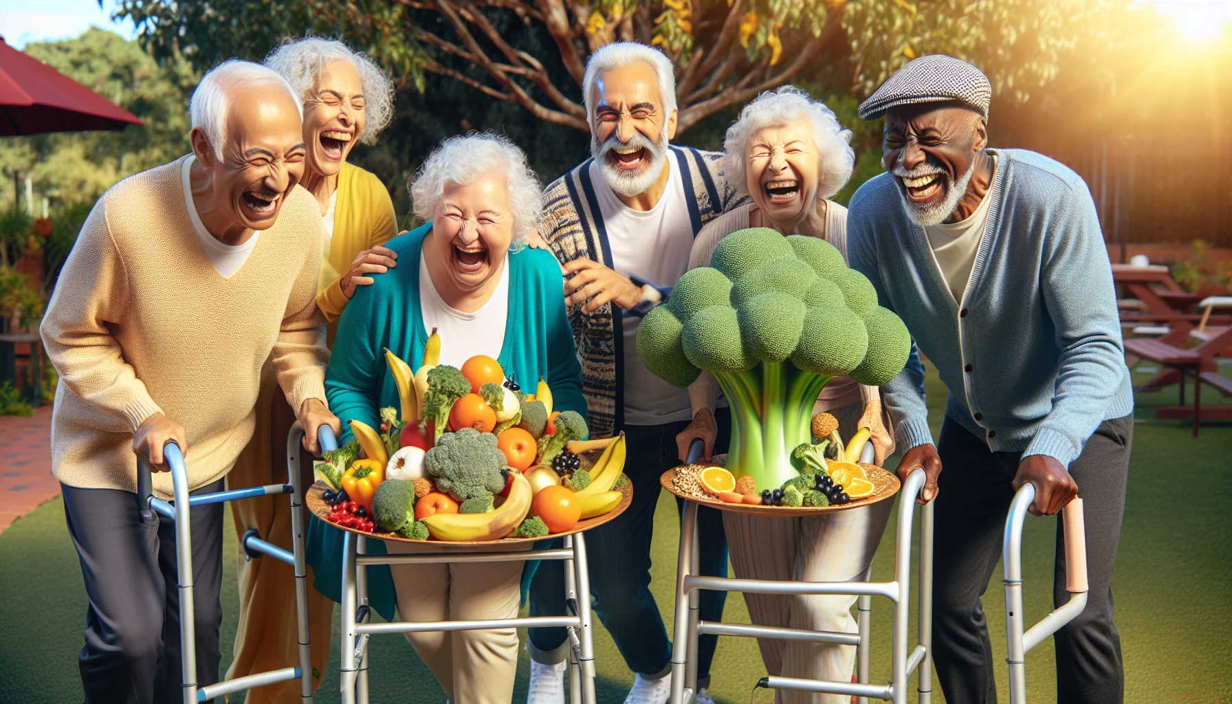 Create a humorous image set in a cozy, sunlit senior citizens' gathering spot, perhaps a park or community center. A diverse group of elderly individuals are joyfully partaking in a food-themed contest, possibly racing with walkers to reach a glittering trophy that is humorously oversized and shaped like a broccoli stalk - a symbol of high fiber, gluten-free food. The participants, a South Asian man, a Caucasian woman, a Middle Eastern woman, along with a Black man are laughing heartily, mischievously nudging each other, while balancing plates filled with colorful vegetables, fruits, and gluten-free grains - a playful nod to their healthy diet. 