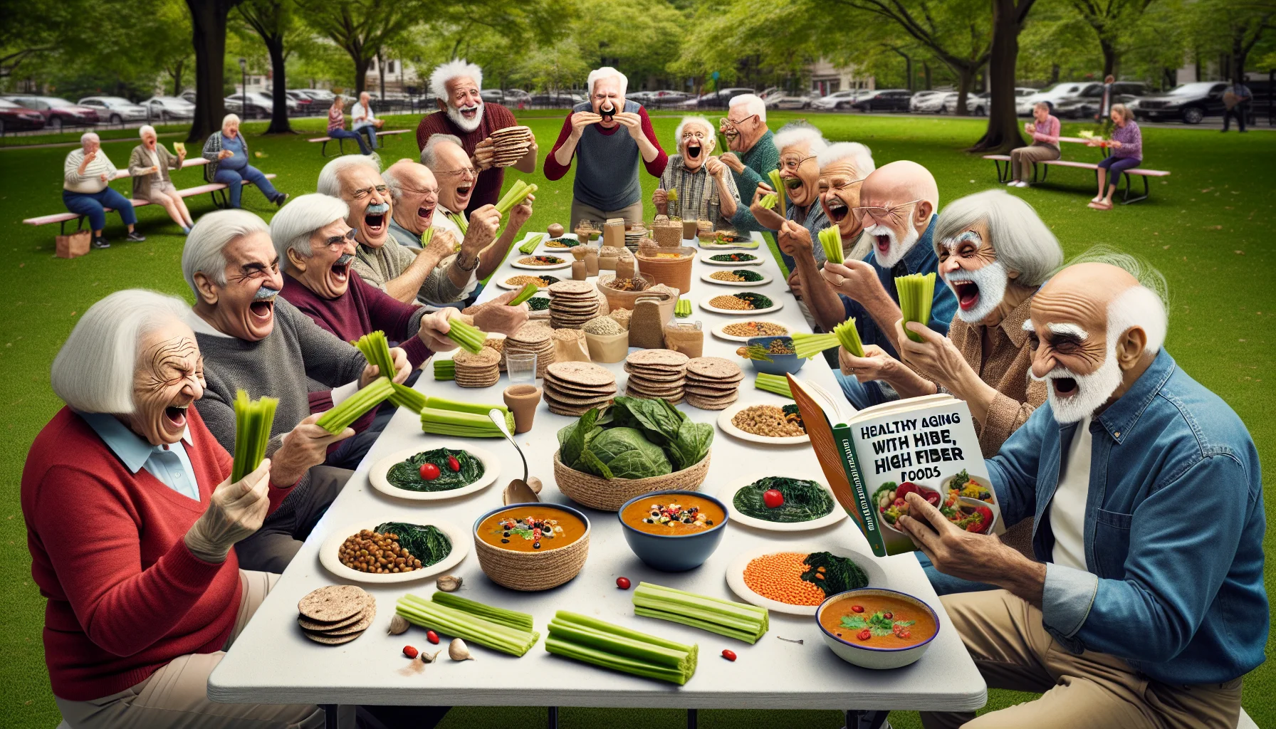 Create a humorous, realistic scene set in a park during daytime, where a group of elderly people of various descents like Caucasian, Hispanic, Middle-Eastern, and South Asian, are having a lively picnic. They are heartily laughing while trying to balance whole grain rotis (Indian bread) on their noses. The picnic table is overloaded with high fiber Indian foods such as lentil soup, chickpea curry, and sautéed spinach. A few of them are amusingly pretending to fight with celery sticks, while others are reading a diet book titled 'Healthy Aging with High Fiber Foods' and breaking into fits of laughter.