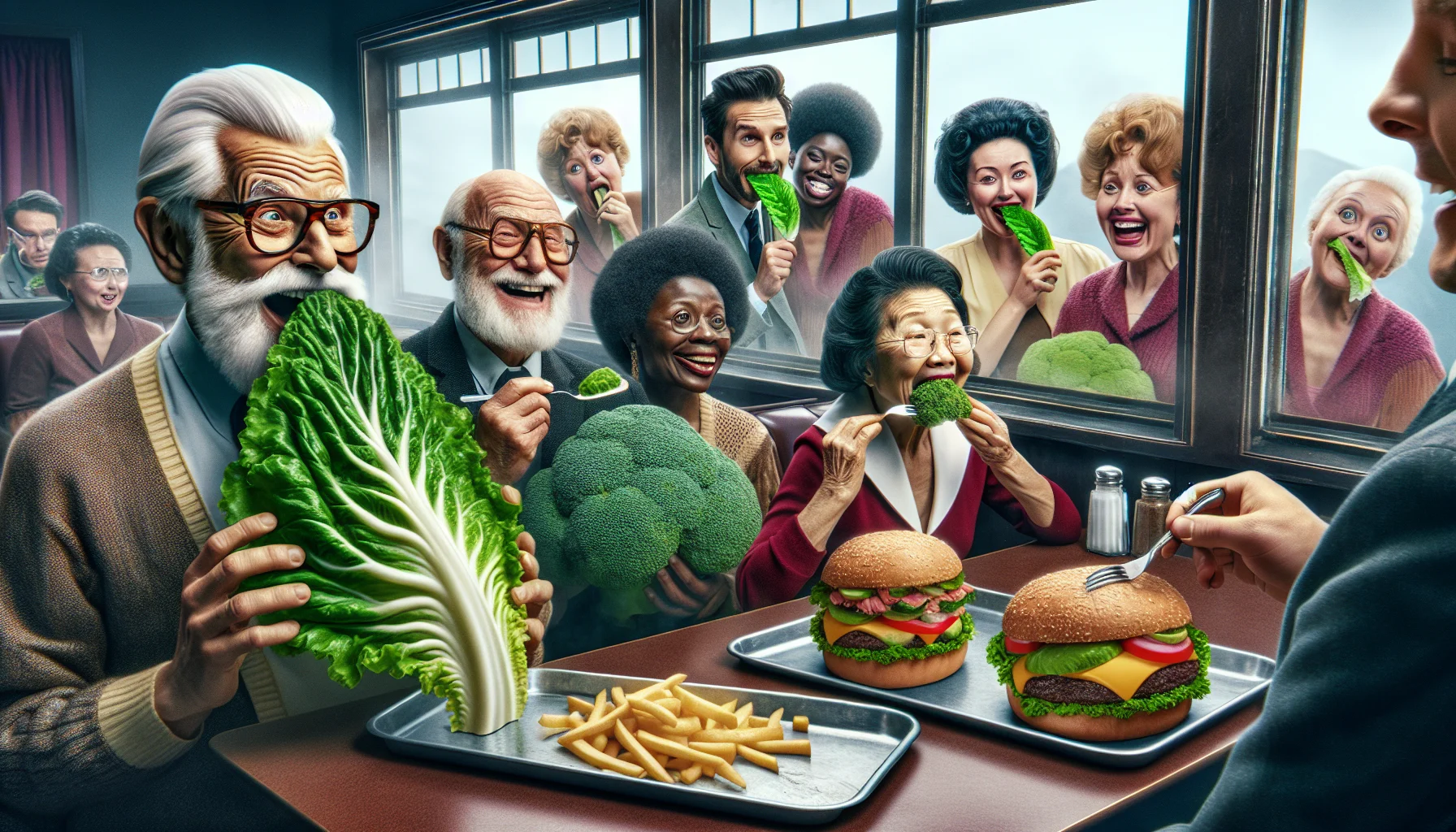 Imagine a humorous scene in a vintage cafeteria setting. In one corner, a jovial, elderly Caucasian man with a neatly trimmed beard is holding a giant, crunchy lettuce leaf as one would a newspaper, squinting his eyes as if trying to read it. Next to him, an elderly Black woman, wearing glasses and a warm smile, is attempting to 'peel' a broccoli stalk with a fruit peeler. And in the background, an Asian elderly woman is biting into an avocado as if it were an apple, her face showing mixed expressions of surprise and delight. Through the window, a floating burger and fries are looking at the scene from outside with sad faces, hinting at the high fiber, low-carb keto diet.