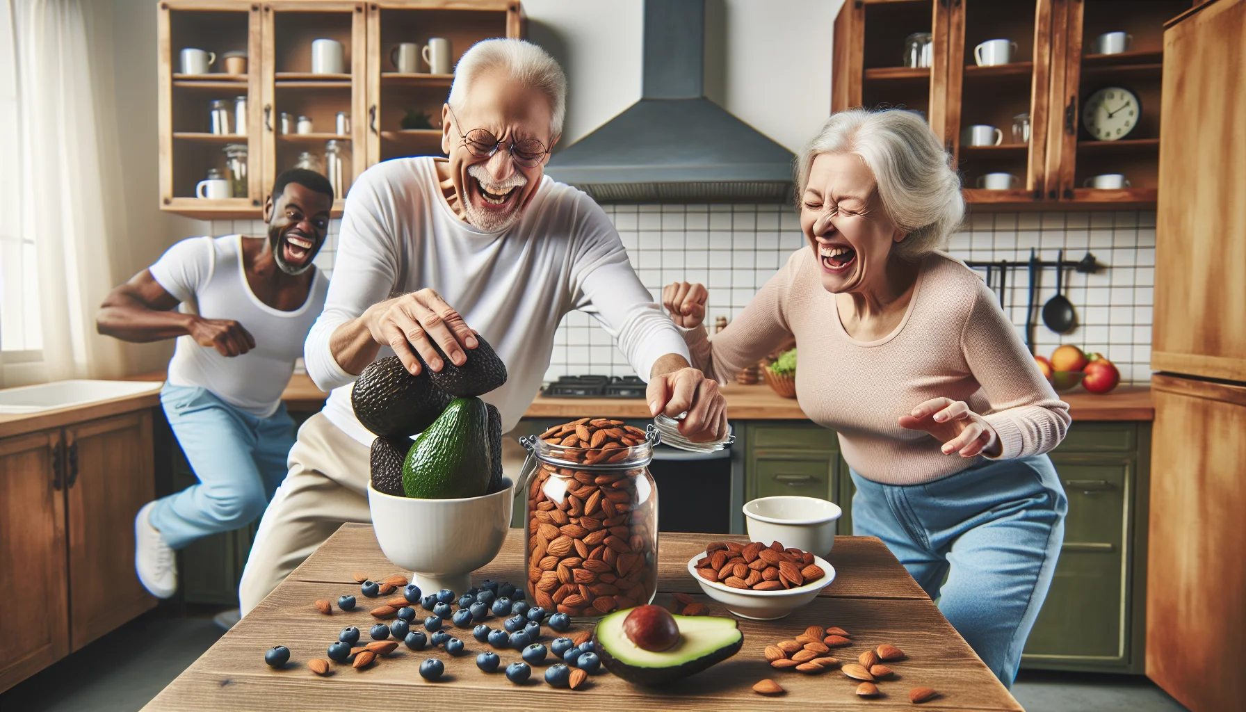 Create a humorous and realistic kitchen scene featuring a variety of high-fiber, low-carb breakfast foods. The setting includes an elderly Caucasian man struggling to open an overly large jar of almonds, a Middle-Eastern woman laughing as she tries to balance a tower of avocados on a small plate, and a black man grinning as he chases an oversize blueberry around the room. Make sure the atmosphere is playful, suggesting the fun side of following a healthy diet in their golden years.