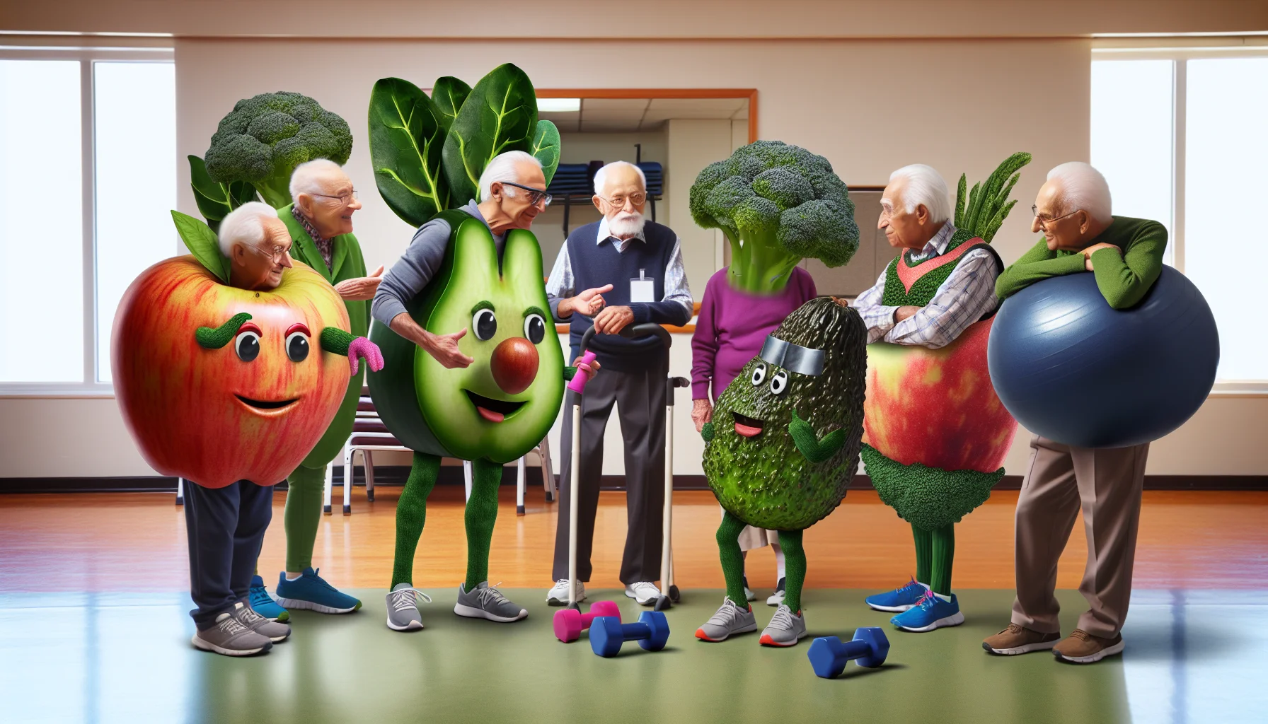 Create an amusing and lifelike portrayal of high fiber, low carbohydrate foods ideal for individuals with diabetes. The backdrop for this image is a typical day at a seniors exercise class. Fantastically anthropomorphized fruits and vegetables like broccoli, spinach, apples, and avocados are seen 'coaching' the seniors, encouraging them to make healthier dietary choices. The seniors, displaying a wide range of emotions from surprise to intrigue, engage in lighthearted banter and humorous interactions with these characterised foods. The image perfectly highlights the connection between nutrition, age, and wellness in a very humorous manner.