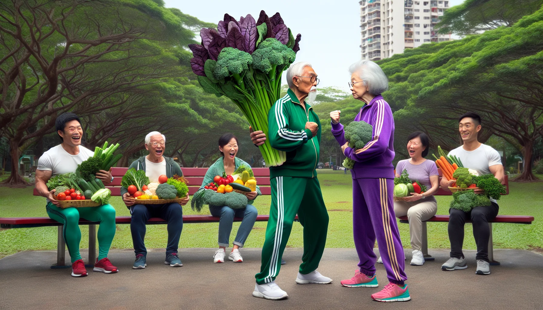Let's imagine a humorous scene in a friendly neighbourhood park. An Asian elderly woman and a Caucasian elderly man, who are known to be health enthusiasts, have a standoff - but this is no ordinary standoff. It's a 'high fiber, low carb food' standoff. The elderly man, wearing a classic green tracksuit, presents a towering stack of spinach leaves like a prized trophy. The elderly woman, in her vibrant purple sweat suit, retaliates by flaunting a huge stalk of broccoli like a scepter. Their amused friends, carrying a variety of vegetables, fruits and whole grains, watch from park benches, laughing and cheering on this peculiar dietary duel.