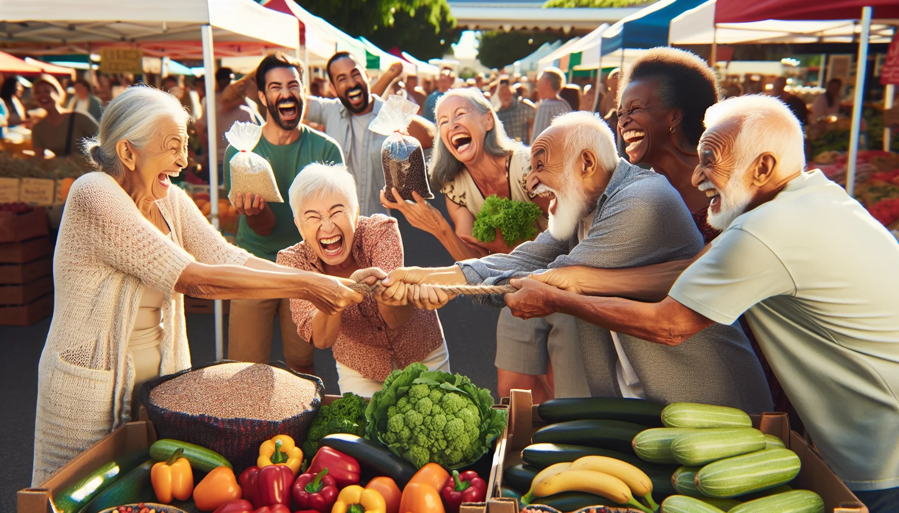 Imagine a humorous scene that takes place at a sunny, vibrant farmers' market. On display are an array of high fiber, low fodmap foods including fruits like bananas and berries, vegetables such as bell peppers and zucchini, and grains like brown rice. An elderly South Asian woman and a Middle-Eastern elderly man are having a playful tug-of-war over the last bag of quinoa, attracting cheerful laughter from the crowd. They're both laughing too, their eyes twinkling. Off to the side, a Caucasian elderly couple is enjoying a hefty salad mix, laughing with lettuce stuck to their teeth. To top it all off, a sprightly Black elderly man is doing a fun dance with a celery stick in his hand.