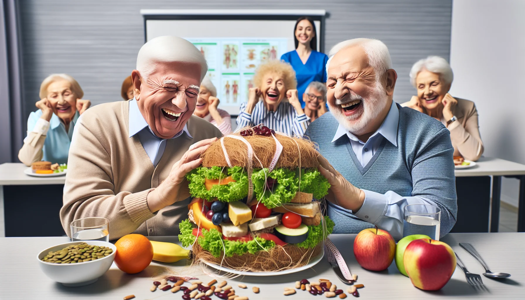 Imagine a humorous yet realistic scene of a lively senior nutrition class. It's lunch time and the elderly participants, a Caucasian gentleman and a Middle-Eastern lady, both cheerfully struggling to manage a huge sandwich overflowing with high-fiber foods like lettuce, fruits, whole grains, and beans. The atmosphere is heartening, evident by the laughter and smiley faces on everyone present, as they learn about healthy diets and the importance of high fiber foods in a light-hearted manner.