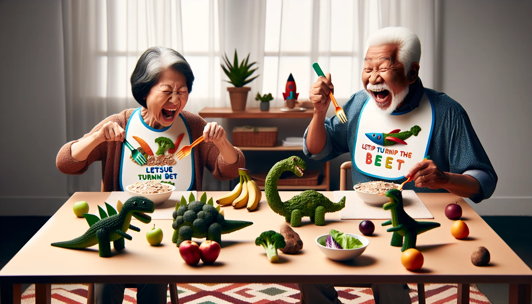 Create a humorous scene in a realistic setting at a dining table. It displays a variety of high fiber foods like oatmeal, bananas, and broccoli, artfully arranged in shapes of dinosaurs and rockets to appeal to a toddler's imaginative spirit. Two elderly figures, a South Asian woman and a Hispanic man are jovially attempting to eat these foods with oversized toddler utensils. They are wearing bibs with healthy food puns, such as 'Lettuce Turnip the Beet'. Their faces are filled with laughter and there's a playful atmosphere, highlighting the importance of healthy eating at any age.