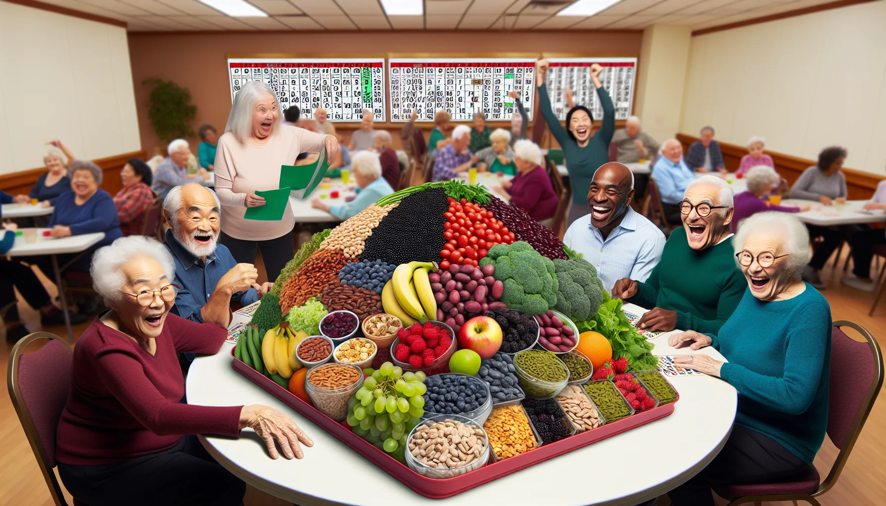 Imagine an absurdly humorous scene taking place in a senior citizen's activity center. In the middle of a bustling bingo game, there's a large table heaving with fiber-rich vegan foods. It's filled with various greens, beans, berries, fruits, legumes, whole grains, nuts, seeds, and other plant-based high-fiber foods. There's a funny, playful competition among the elderly Asian gentleman, black woman, and white man to see who can pile their plate up highest with these healthful foods. Everyone's poking fun at the situation, laughing about their 'extreme' healthy diets, and overall, enjoying their unity and vitality in their golden years.