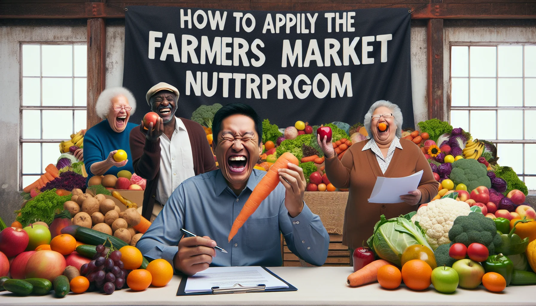 Create a humorous, realistic image that illustrates how to apply for the Senior Farmers Market Nutrition Program. Picture an elderly South Asian man laughing heartily while filling out application forms surrounded by a mountain of colorful fruits and vegetables. Beside him, an elderly Black woman is humorously trying to balance a giant carrot on her nose, while an elderly Caucasian man makes an amusing attempt to juggle apples and oranges. Emphasize the diversity of healthy foods available, including vibrant fruits, leafy greens, and fresh vegetables, while highlighting the joyful, funny atmosphere.