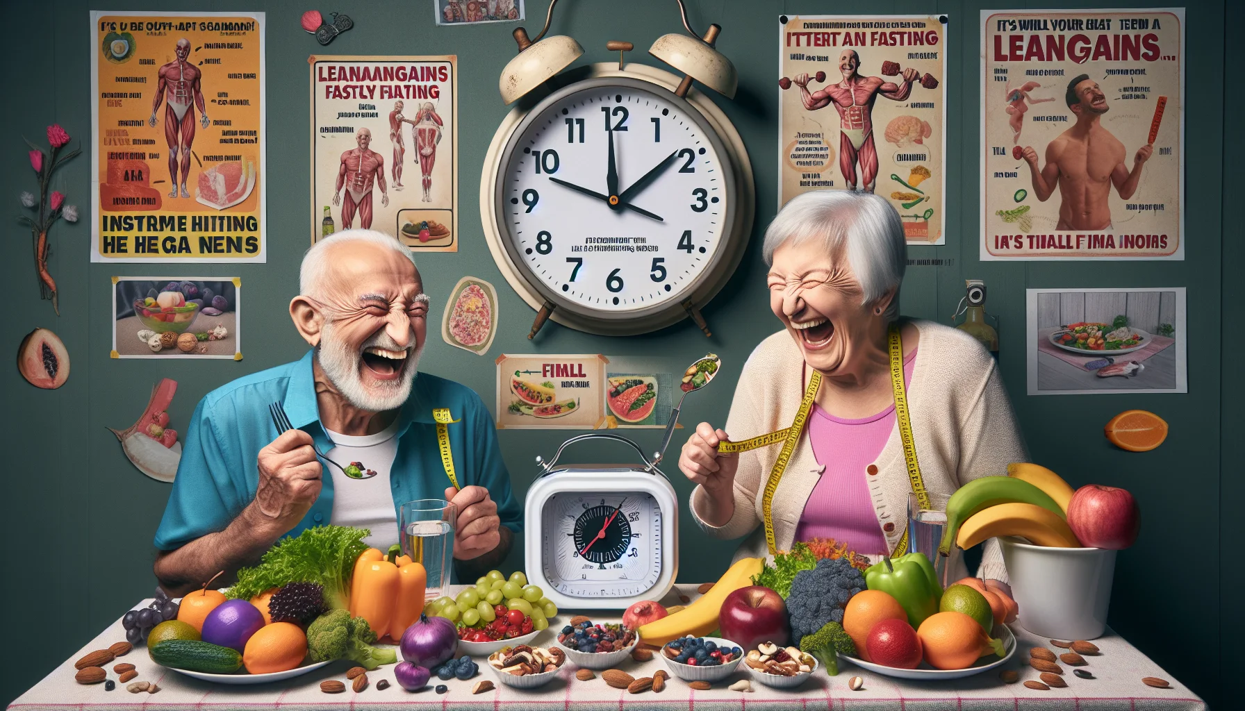 Craft a humorous and realistic image depicting the concept of intermittent fasting using the leangains method. In the scenario, an elderly Caucasian man and an elderly South Asian woman are laughing heartily while looking at a large clock that shows it's finally time to eat. They have set the dining table filled with a spread of colorful fruits, vegetables, lean proteins, and nuts - symbolic of a healthy diet. The background is decorated with health-centric posters and ludicrous gadgets meant for measuring food earning chuckles from them. The tone is light-hearted and funny relating to old age, diets, and healthy eating.