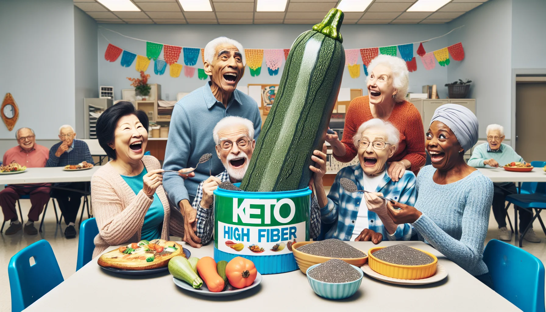 Imagine a humorous and realistic scene set in a lively senior community center. A group of old friends, consisting of an East Asian woman, a Middle Eastern man, a Hispanic woman, and a Black man, are having a 'keto high fiber' potluck. This funny assortment of keto-friendly foods exhibit absurdly large proportions, like a zucchini the size of a baseball bat and a bowlful of chia seeds as big as an umbrella. They're all laughing heartily and making exaggerated attempts to eat these giant foods, unaware of curious onlooking seniors peeking from behind the corners, their faces portraying a mix of surprise and amusement.