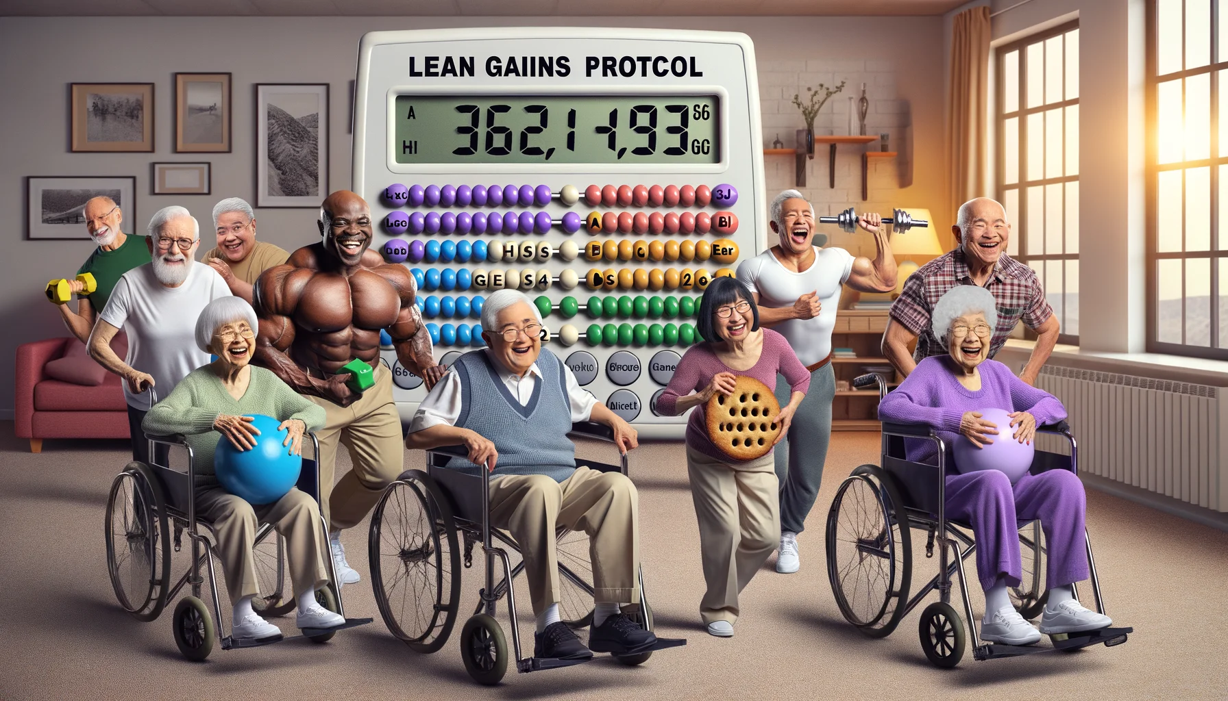 Create a lighthearted and humorous image showcasing the concept of 'lean gains protocol' in an elderly context. Picture an old-age home setting where diverse seniors, Caucasian, Hispanic, Black, Middle-Eastern, South Asian, and White, of both genders, are humorously involved in a fitness milieu. They could be counting calories on an oversized abacus, lifting weight-shaped cookies, doing yoga with their walkers, or running a fun race on their wheelchairs, all in an effort to adhere to the lean gains protocol. The image should have a realistic feel to it while maintaining the funny side of the scenario.
