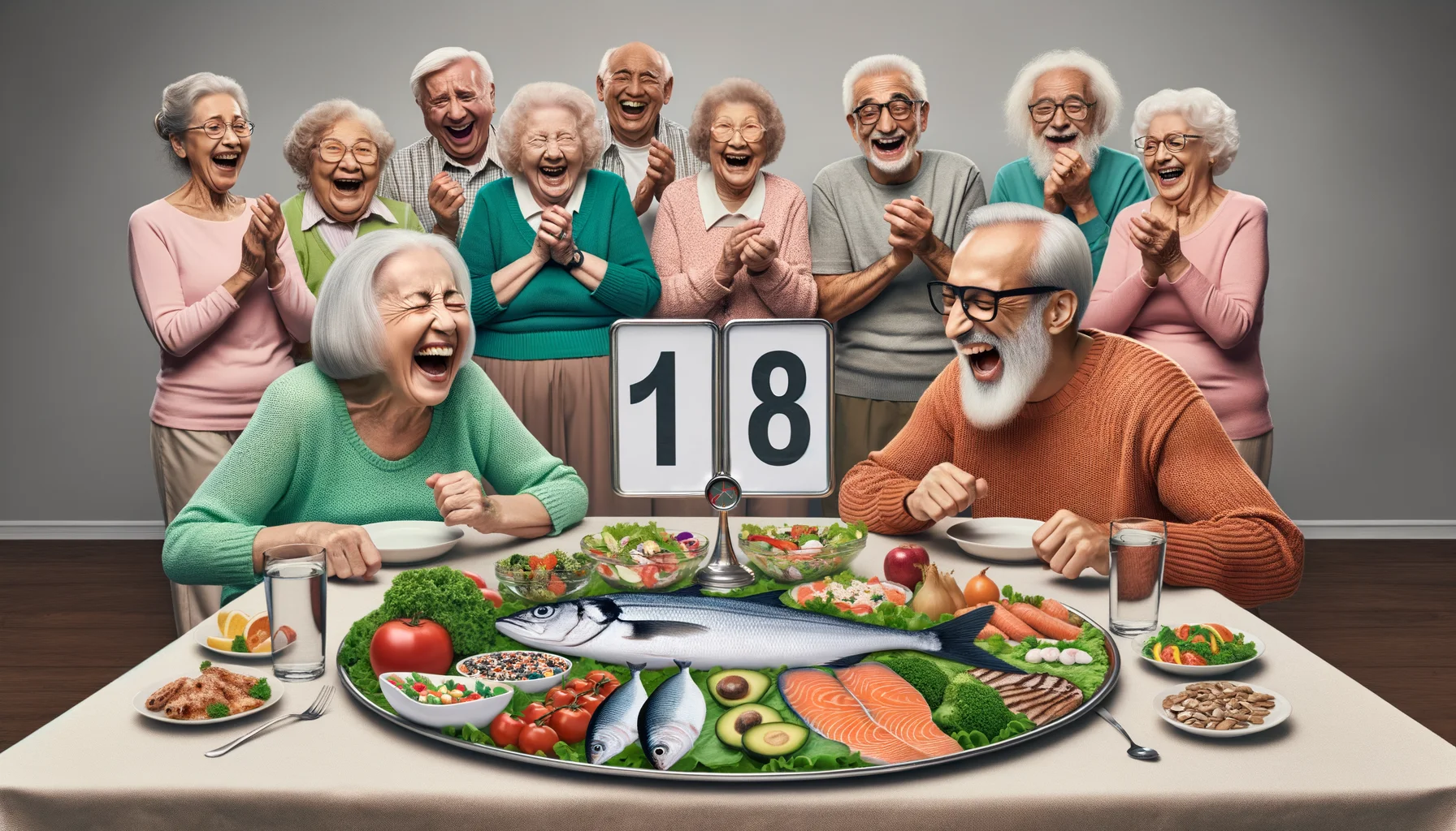 Create a humorously realistic image showcasing the '16:8 Leangains' form of intermittent fasting. The scene takes place in a lively senior citizen community. Two elderly people, a Hispanic woman and a Middle-Eastern man, both in workout attire, are sitting at a large dining table laughing heartily. On the table are various diet foods like salad, fish, and others arranged cleverly to show '16:8' in a visual manner. Around them, other senior citizens of different descents and genders look on in amazement and amusement, adding a lighthearted tone to the concept of dieting and exercise.