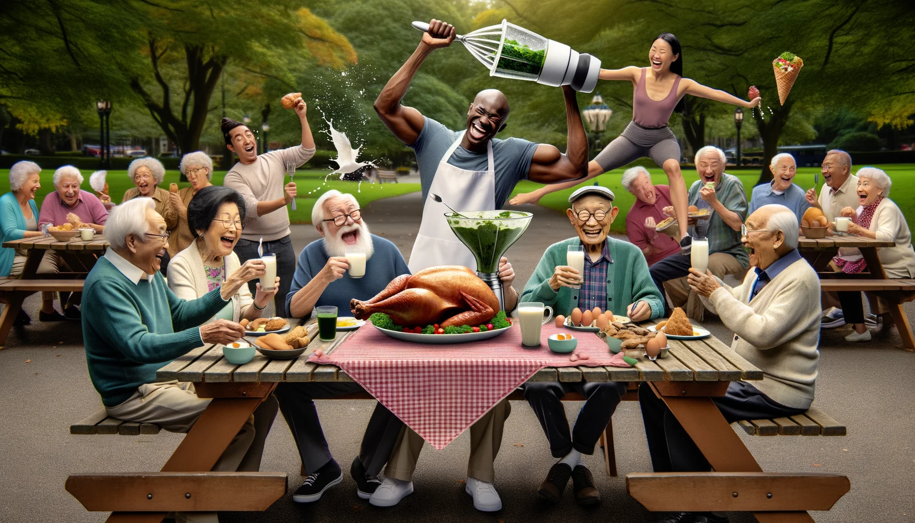 Imagine a humorous setting in a bustling park. A group of elderly individuals are sitting around a picnic table, unified in a unique LeanGains diet feast. A South Asian woman confidently lifts a turkey leg, grinning widely. Opposite her, a white man is delicately balancing five eggs on a spoon, and beside him, a Black man is struggling to control a blender full of leafy greens, splattering a Hispanic woman laughing heartily. In the background, other seniors look on with envy and amusement, from their traditional afternoon tea and cookies. Add elements of fun and surprise to capture the humour.
