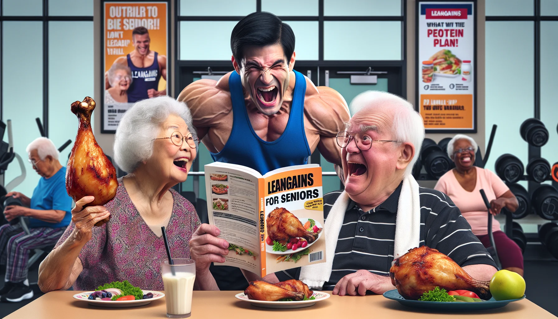 Generate a humorous, realistic scene featuring elderly people engaging with the Leangains diet plan. In this scenario, an Asian elderly woman is reading a recipe book titled 'Leangains for Seniors', while a Caucasian elderly man misinterprets the plan by attempting to lift an overly large chicken drumstick as if it is a weight. A black elderly woman looks on, laughing heartily as she sips on a protein shake. The backdrop is a lively seniors' fitness center, with fitness equipment and a poster advocating a healthy diet.